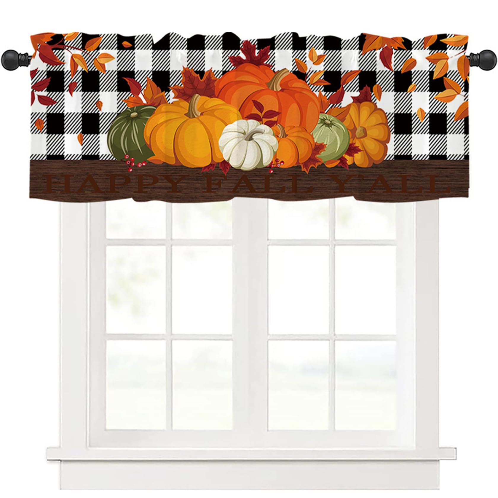 Perodlly Fall Kitchen Curtains 54x18 Inch Pumpkin Buffalo Plaid Fall Leaves Kitchen Valances for Rod Pocket Curtains for Thanksgiving Autumn Decor.