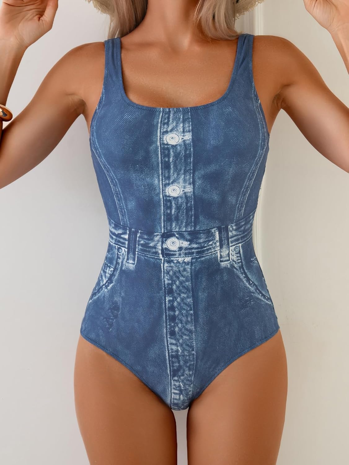 Women's Denim Print Swimsuit Athletic Modest One Piece Bathing Suit Low Back Scoop Neck Slimming Swimwear - Image 3