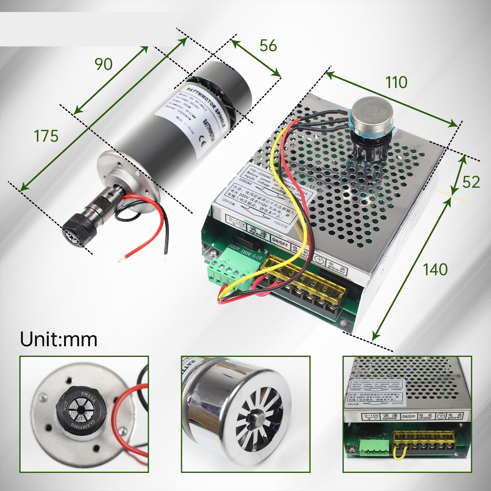 12000 obr/min High Speed ​​DC 12-48V 300W ER11 400W ER16 CNC zestaw do silnika wrzeciona chłodzonego powietrzem z zasilaczem grawerki,Napęd elektryczny(400W ER11)