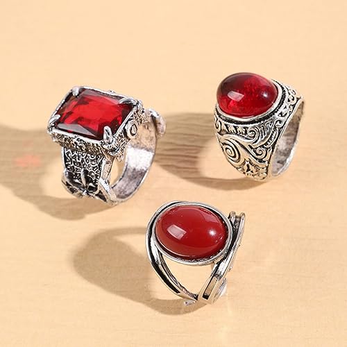 Vista 3 de Juego de anillos góticos ahuecados, vintage, apilables, rojo y negro, juego de anillos redondos de acero inoxidable, circonita cúbica, cuadrado