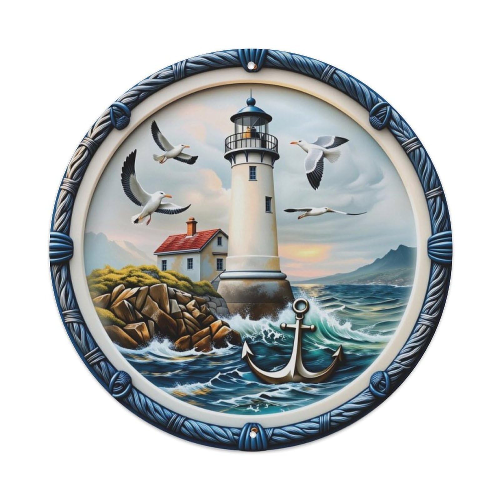 Coastal Lighthouse Nautical Scenery Round Decor Sign Vintage Aluminium Metal Sign, Retro Wall Decor for Home, Bar, Garage & Farmhouse 20x20cm