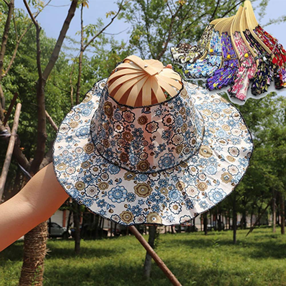 Egurs Women 2 in 1 Foldable Sun Hat Cap and Folding Handheld Fan Chinese Style Portable Floral Printed Handheld Fan and Summer Beach Cap Pink