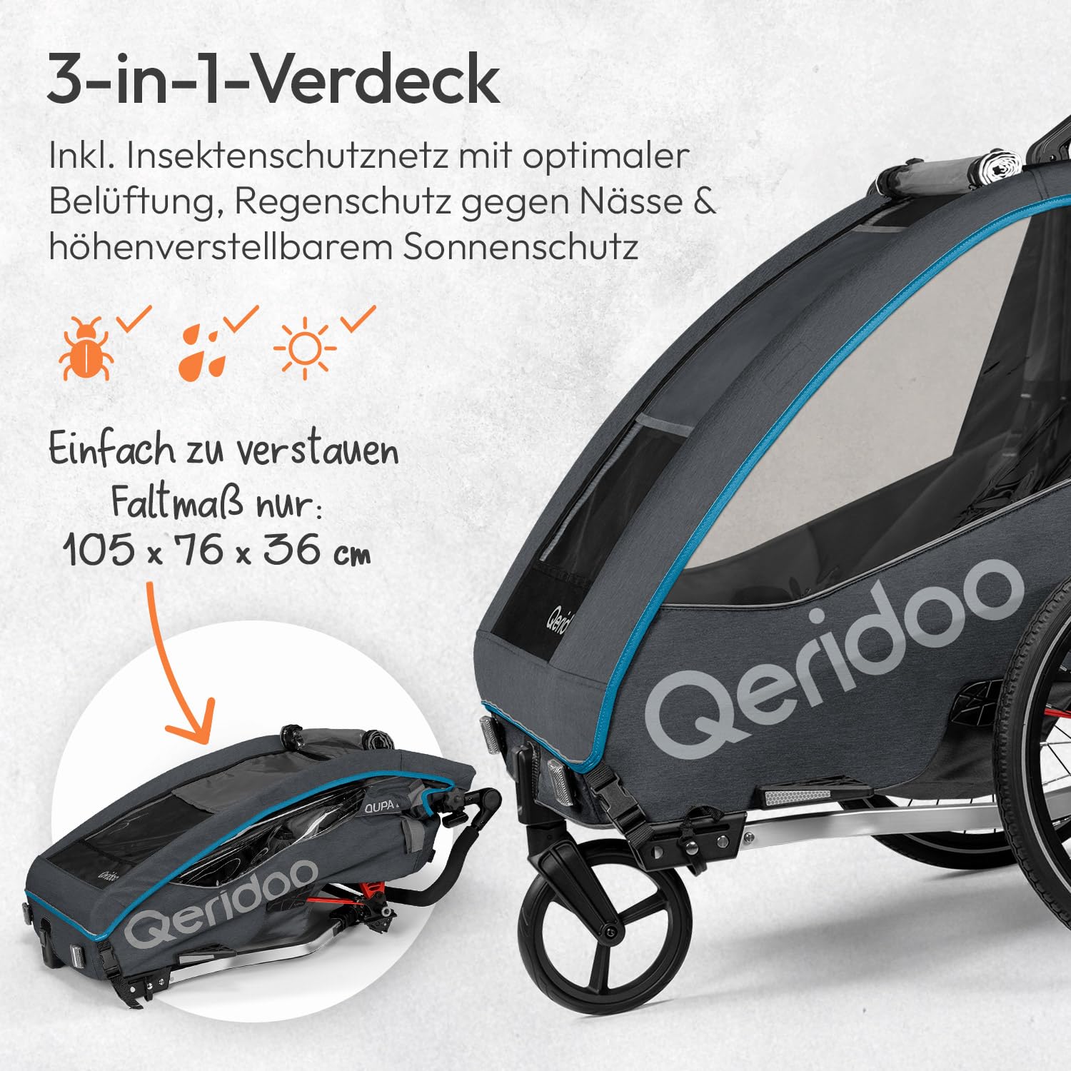 Qeridoo QUPA 2 Blue Comfort Sport Set | Fahrradanhänger 2 Kinder mit Joggerrad, Kupplung & Faltgarage | Kinderfahrradanhänger | Fahrrad Anhänger Kinder | Kinderanhänger Fahrrad | Jogger Kinderwagen