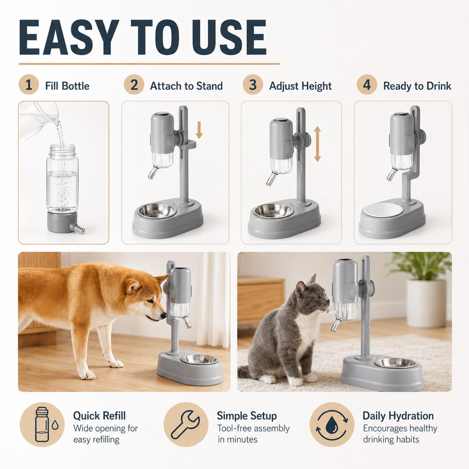Dispensador De Agua Automático para Mascotas, Botella 750ml Antigoteo con Soporte Ajustable Y Cuenco para Gatos Perros Casa Viaje (A,Stainless Steel)