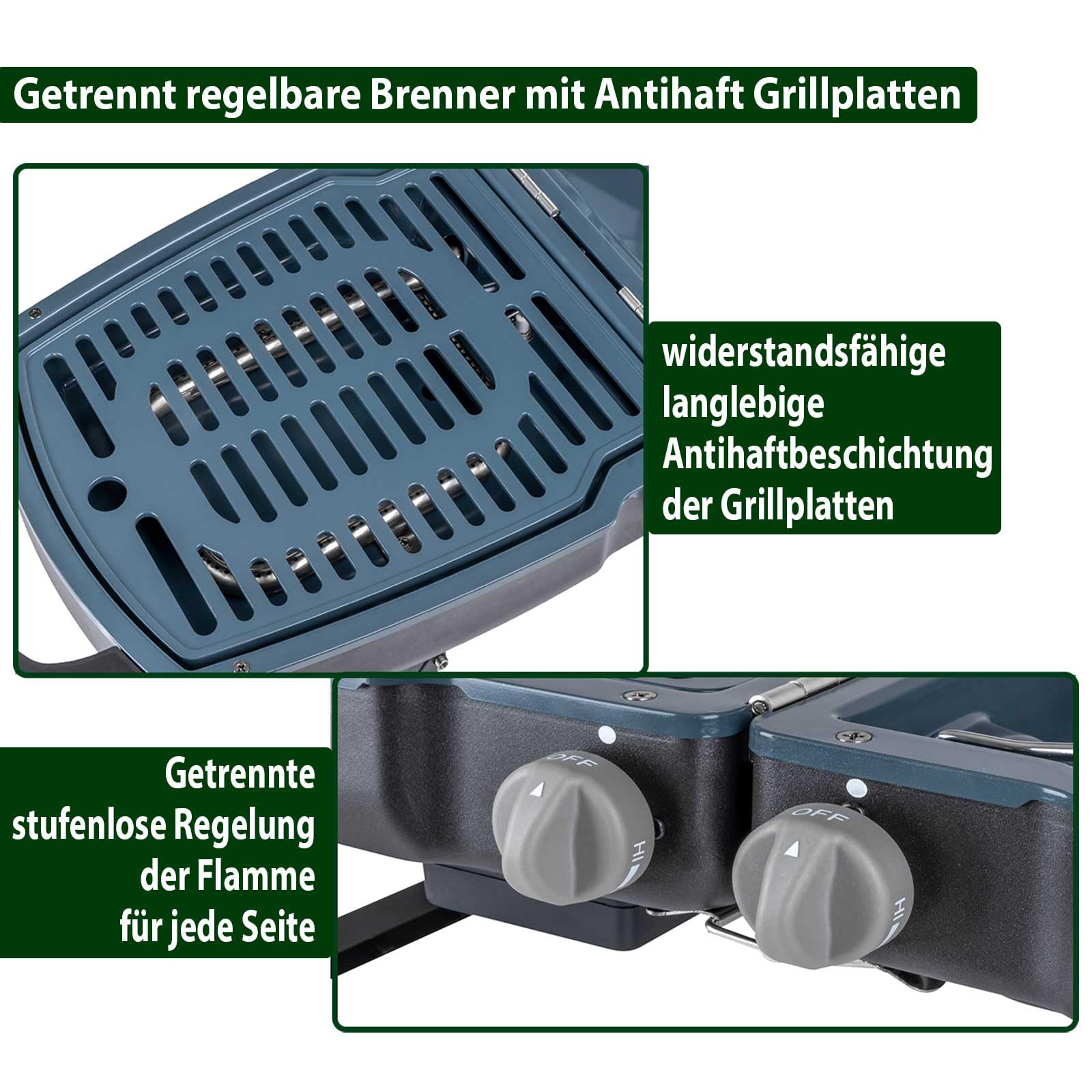 BRUNNER MARIPOSA Camping-Grill, kompakter klappbarer Tischgrill mit 2x Grillplatte, für 2-4 Personen, Gasgrill für Wohnmobil, Wohnwagen, Zelt, Garten oder Balkon mit passendem Gasregler+Gasschlauch 2m