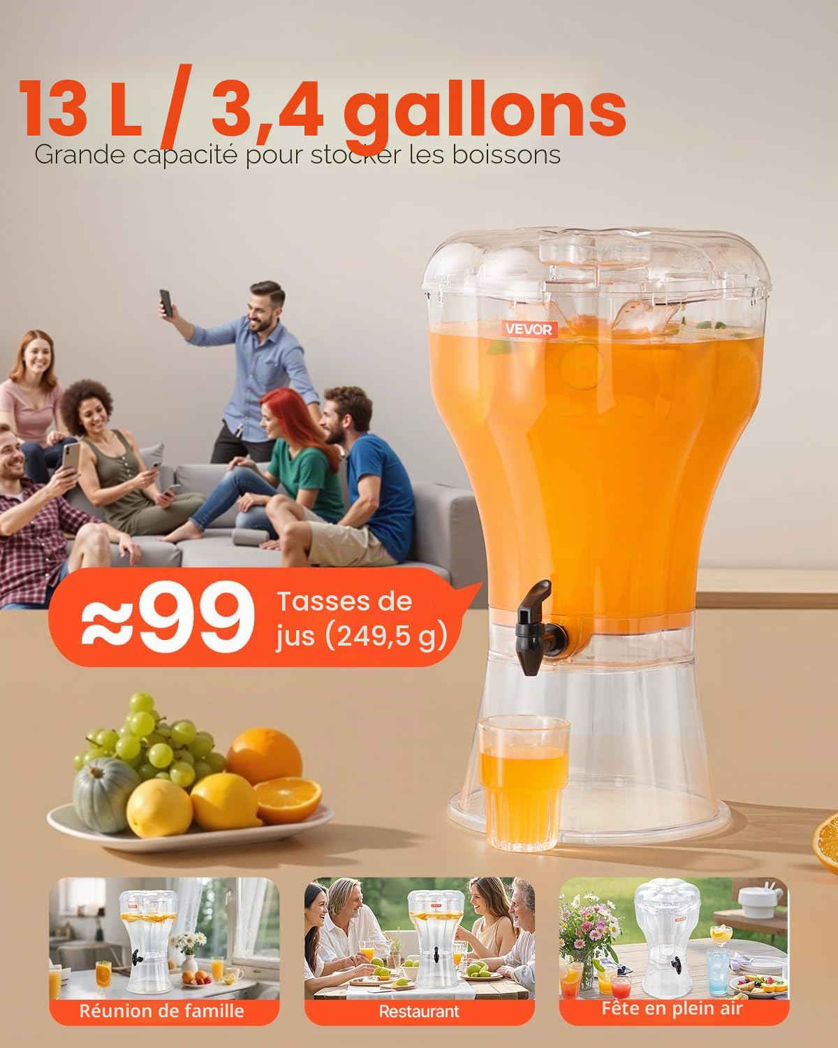 VEVOR Distributeur de Boissons avec Grande Capacité 13 L, Fontaine à Eau en Plastique, Distribution d’Eau Jus Limonade Thé Glacé, avec Robinet Anti-goutte, pour Restaurants Cafés Hôtels Fêtes