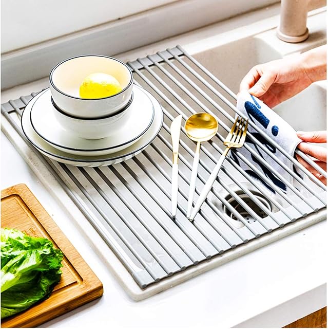 vimeka Roll Up Dish Drying Rack 16.5"X13.8" Over The Sink Stainless Steel Portable Dish Rack Dish Drainer Over Sink Foldable Stainless Steel