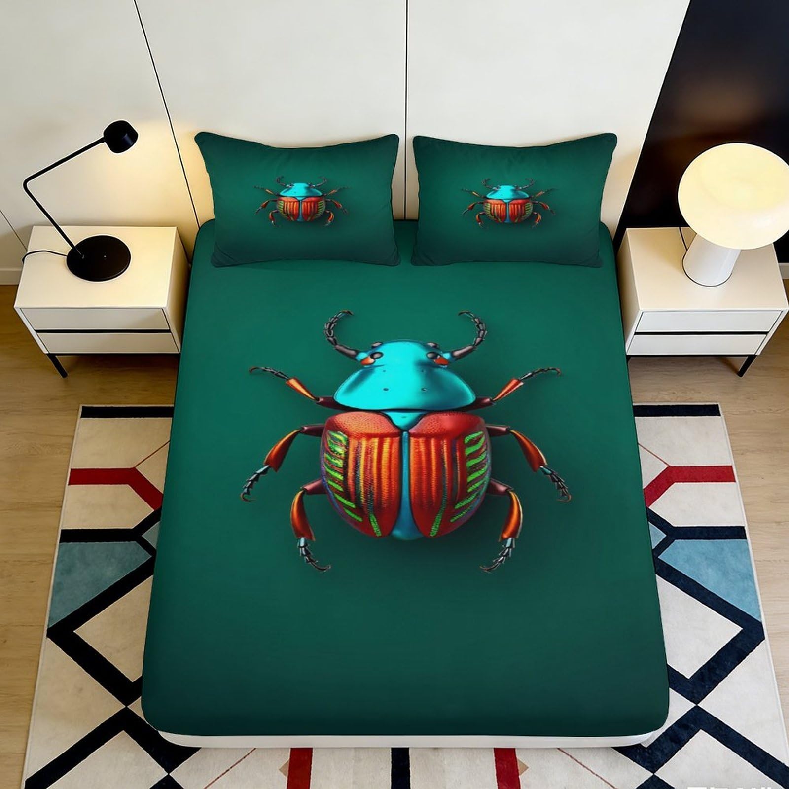 3D Printed Beetle Pattern Fitted Sheet Microfiber Soft Green Insect Mattress Cover for Bedroom Dorm Mattress Protection Decor 90x200x25cm