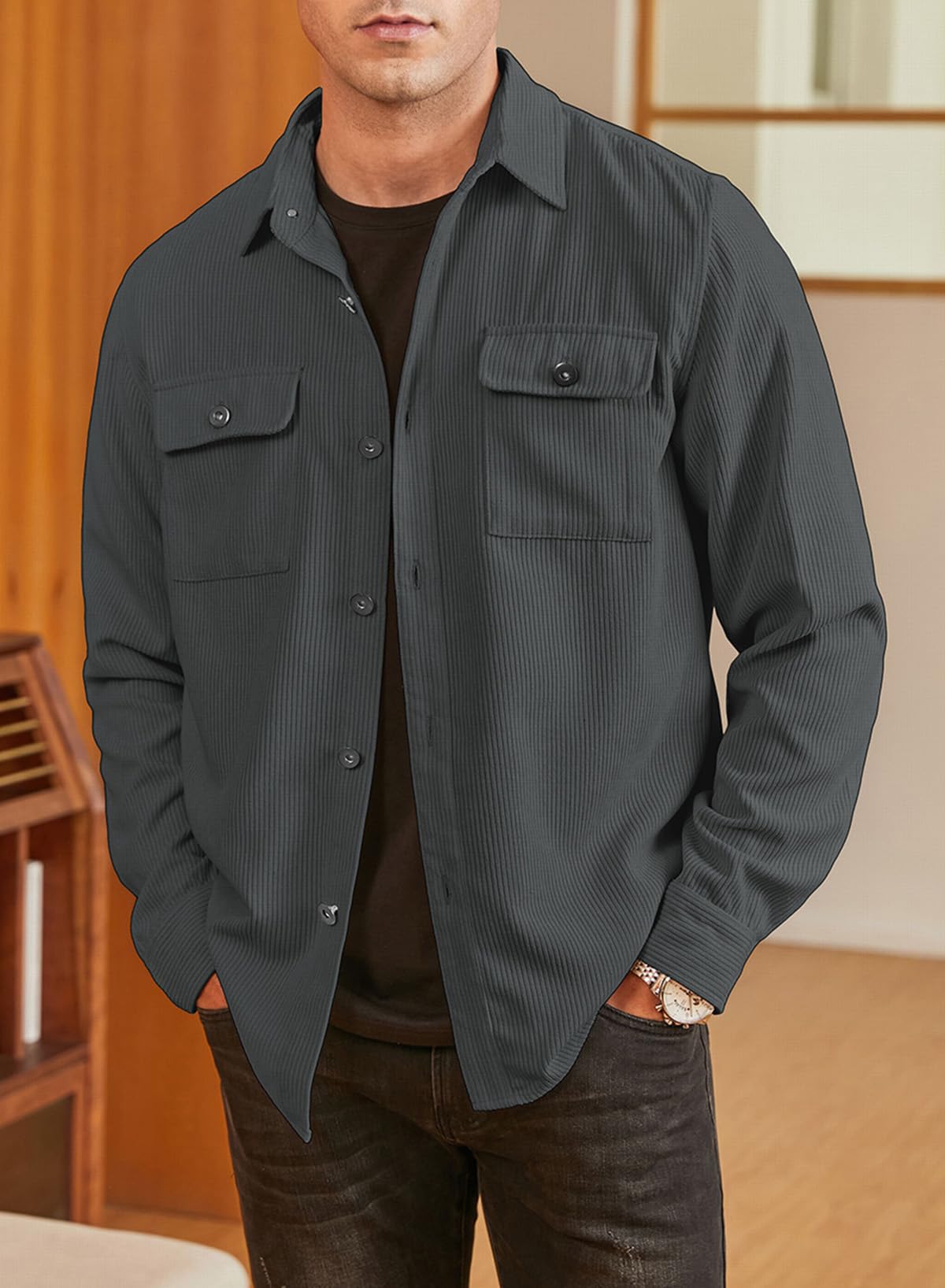 Elegancity Uomo Camicia in Velluto a Coste a Manica Lunga Casual Camicia Uomo Giacca Regular Fit Button Up Camicia Giacca con Tasca con Patta S-XXXL