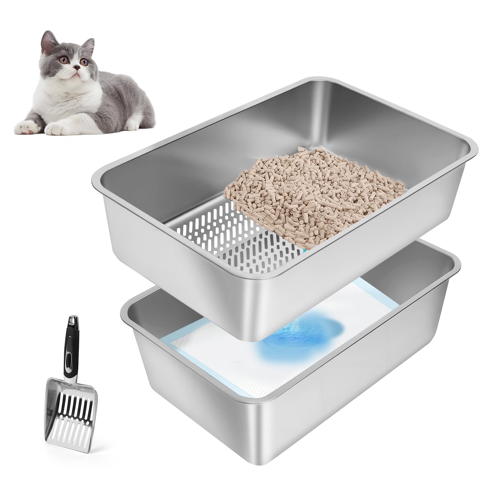 Stainless Steel Sifting Litter Box, 23.6" L x 15.7" W x 8" H Semi-Enclosed Metal Cat Litter Box with Sifting Pan, Scoop for Big Cat Easy Cleaning