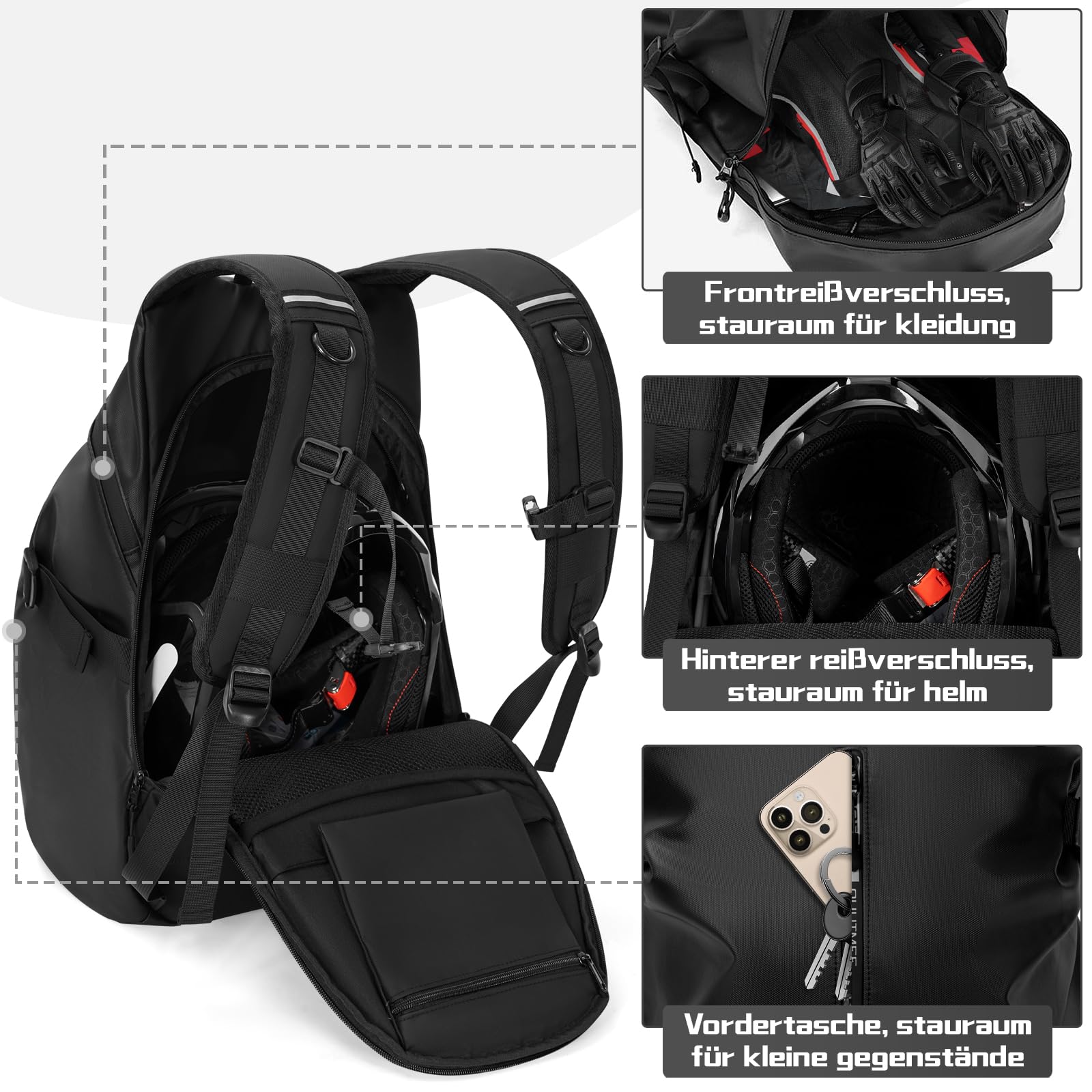 OUUTMEE Helmrucksack für Motorrad, Radfahren, wasserdicht, reflektierend, Helmtasche für Herren, große Kapazität, Schwarz