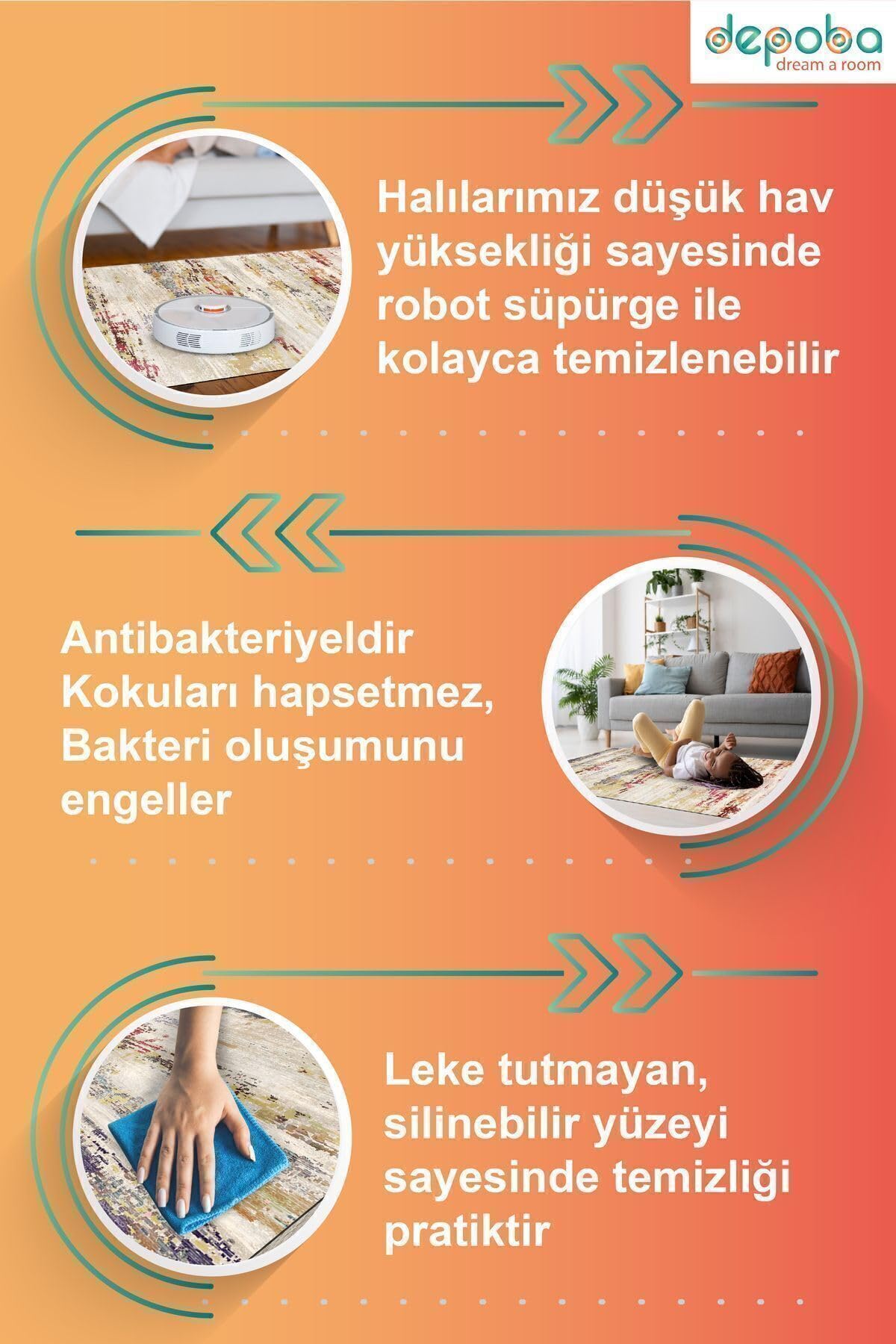 Depoba Flona Patchwork Şönil Kaymaz Doğal Pamuk Tabanlı Yıkanabilir Antibakteriyel Çevre Dostu Salon Halısı 120x180