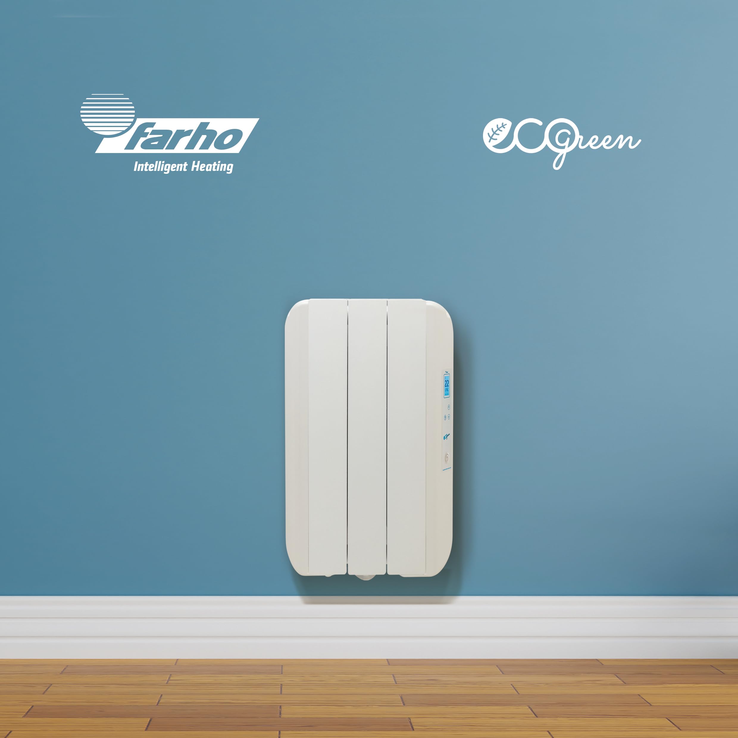 Farho Radiador Electrico Eco Green 330W (3) · Emisor Térmico con Termostato Digital Programable 24/7 · Radiadores Electricos Bajo Consumo para estancias de hasta 6 m² · 20 AÑOS DE GARANTÍA
