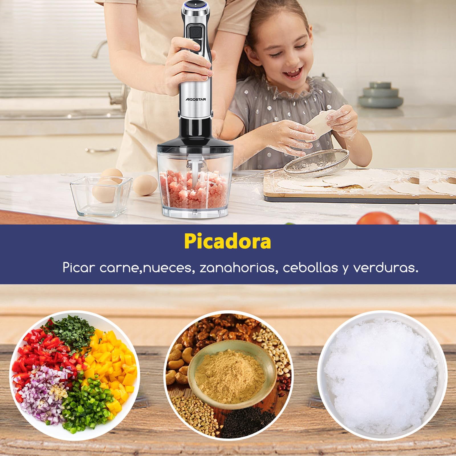 Aigostar Buckle - Batidora Mano, Minipimer 4 en 1, 1000W, 6 Velocidades y ModoTurbo, Batidora de Mano con Vaso Picador de 500ml, Vaso Medidor de 600ml y Batidor de Huevo. Libre de BPA