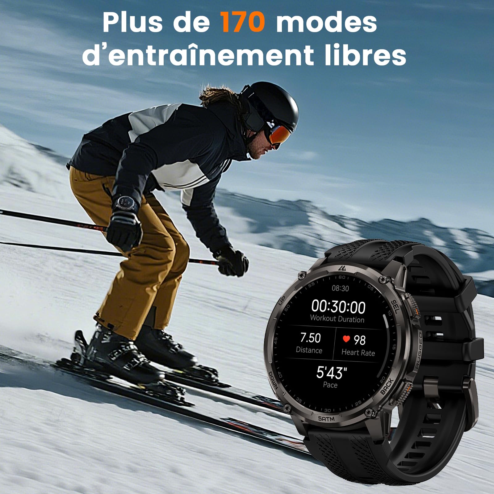 KOSPET Tank T4C GPS Montre Connectée Homme, Lampe Torche LED, Talkie-Walkie | Étanche 5 ATM et IP69K, 1,5'' AMOLED, Autonomie 15 jours, Suivi de Santé & Sommeil, 170+ Mode Sport, Compatible Android & iOS