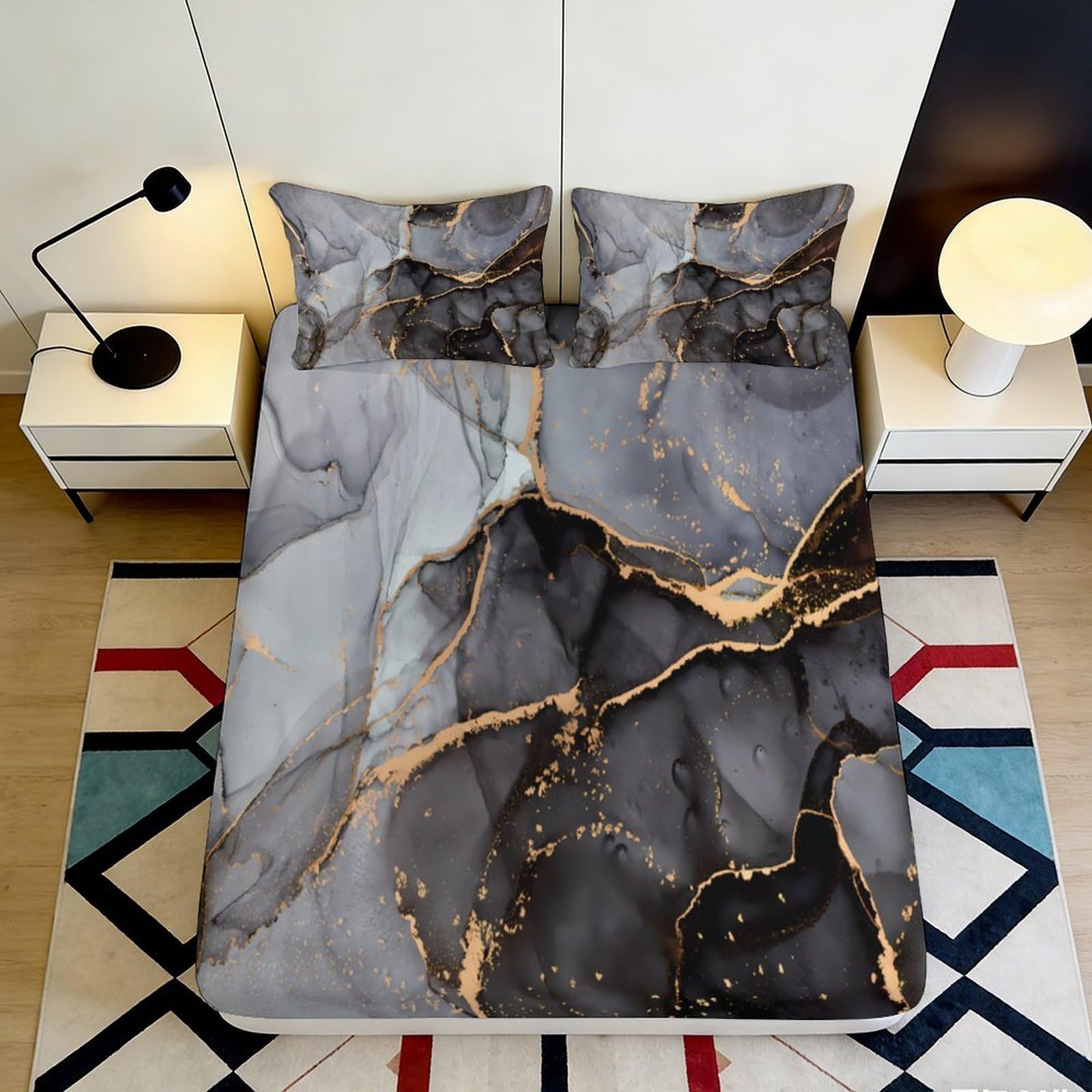 3D Printed Marble Gold Vein Fitted Sheet Microfiber Soft Bed Cover Modern Abstract Black Grey for Bedroom Guestroom 90x200x25cm