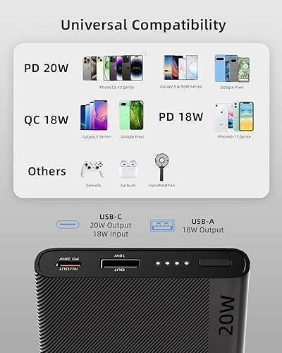 Miniatura 7 de imuto Cargador portátil, delgado 20 W PD 10000 mAh, USB C entrada y salida de batería de carga rápida, cargador de teléfono externo esencial de