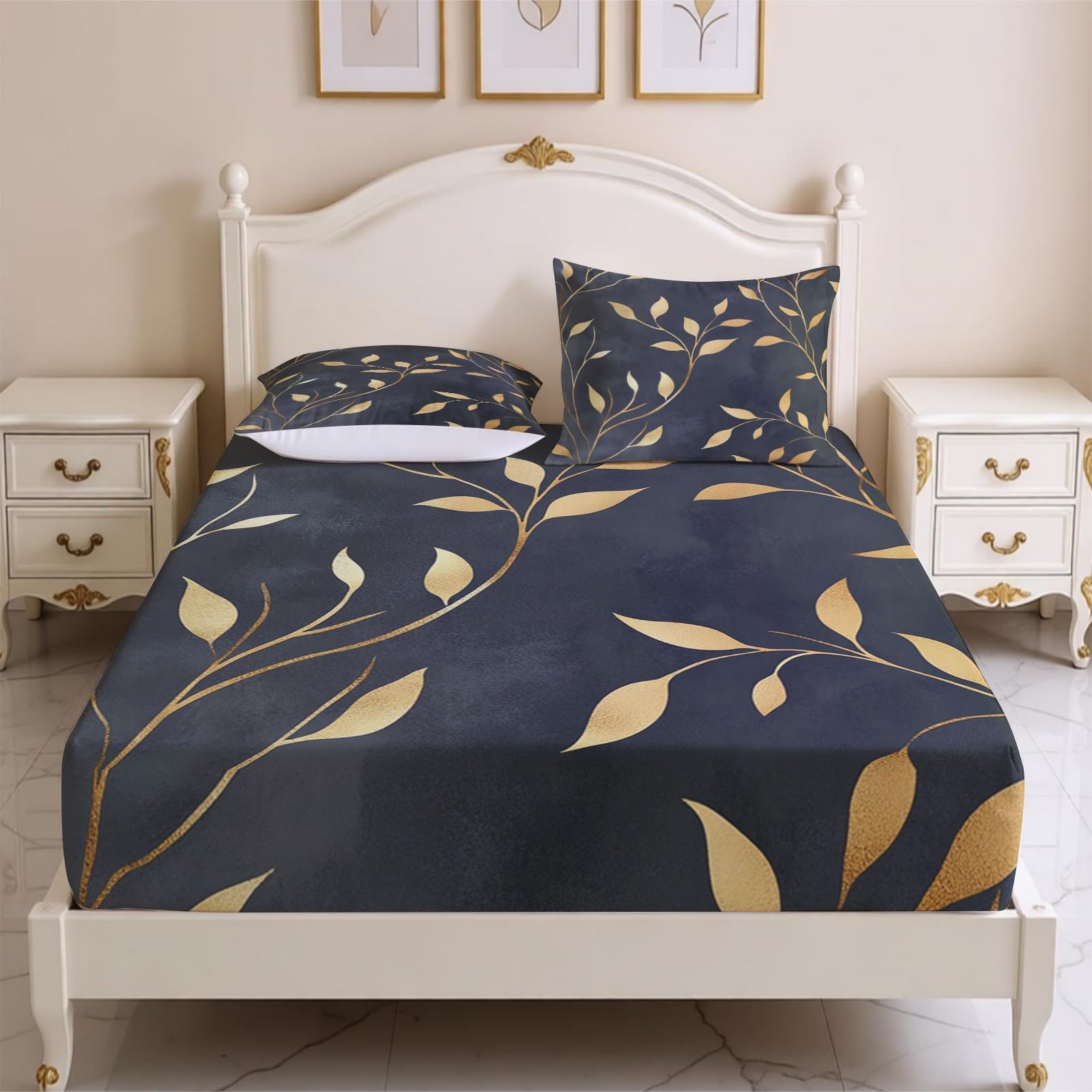 Lenzuolo con Angoli 180 x 200 cm Microfibra foglie della pianta Lenzuolo Sotto Elasticizzato Profondo 25 cm oro per Letto Singolo e Matrimoniale