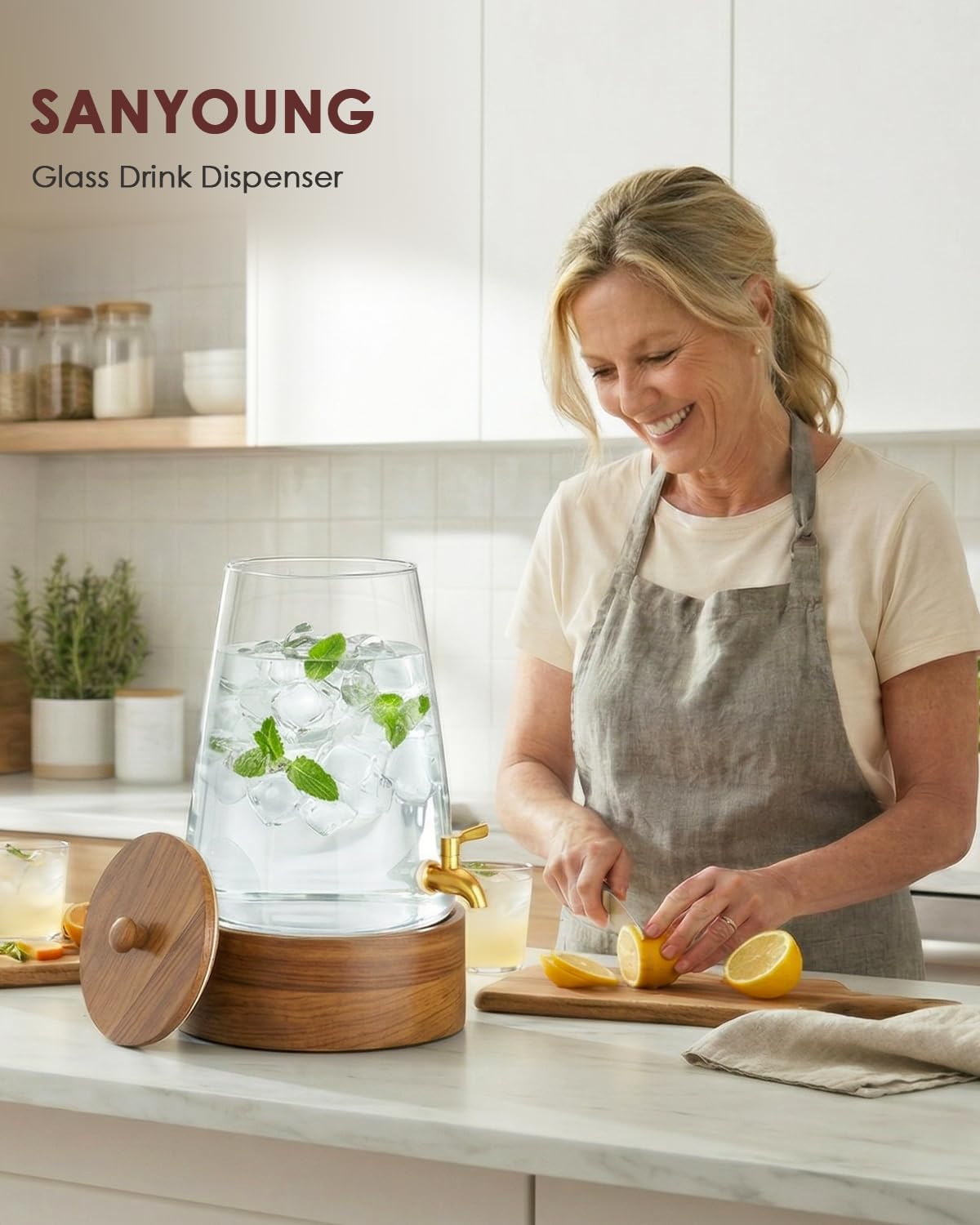 2.0 Gallon Glass Beverage Dispenser with Wood Stand - No Assembly Required Leakproof Drink Dispenser with Gold Spigot, Tapered Pitcher for Lemonade, Sangria, Punch, Tea - Party & Wedding