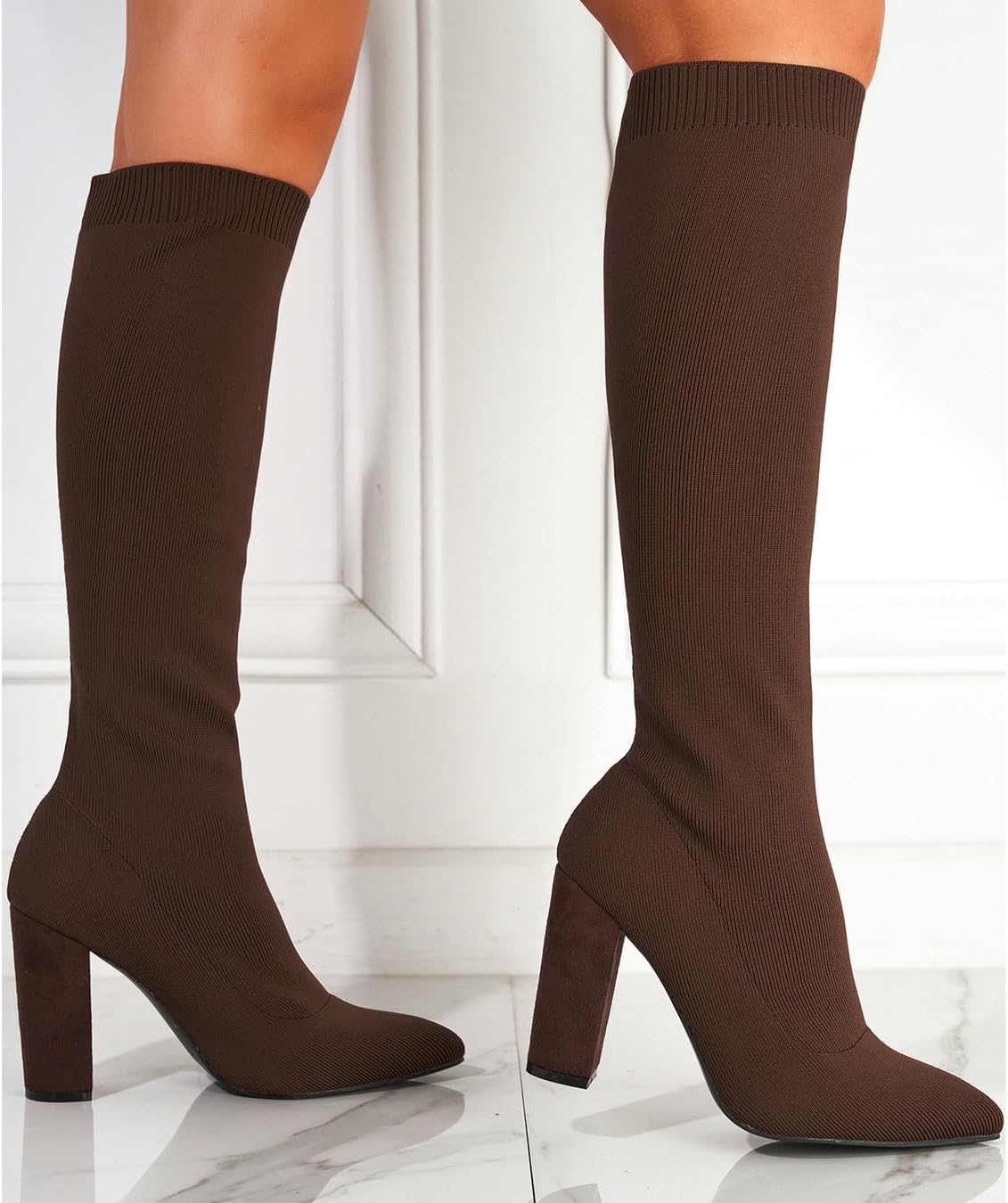 Knit Sock Boots for Women Knee High Pointed Toe Chunky Heel Over The Knee Boots Stretch Pull On Boots