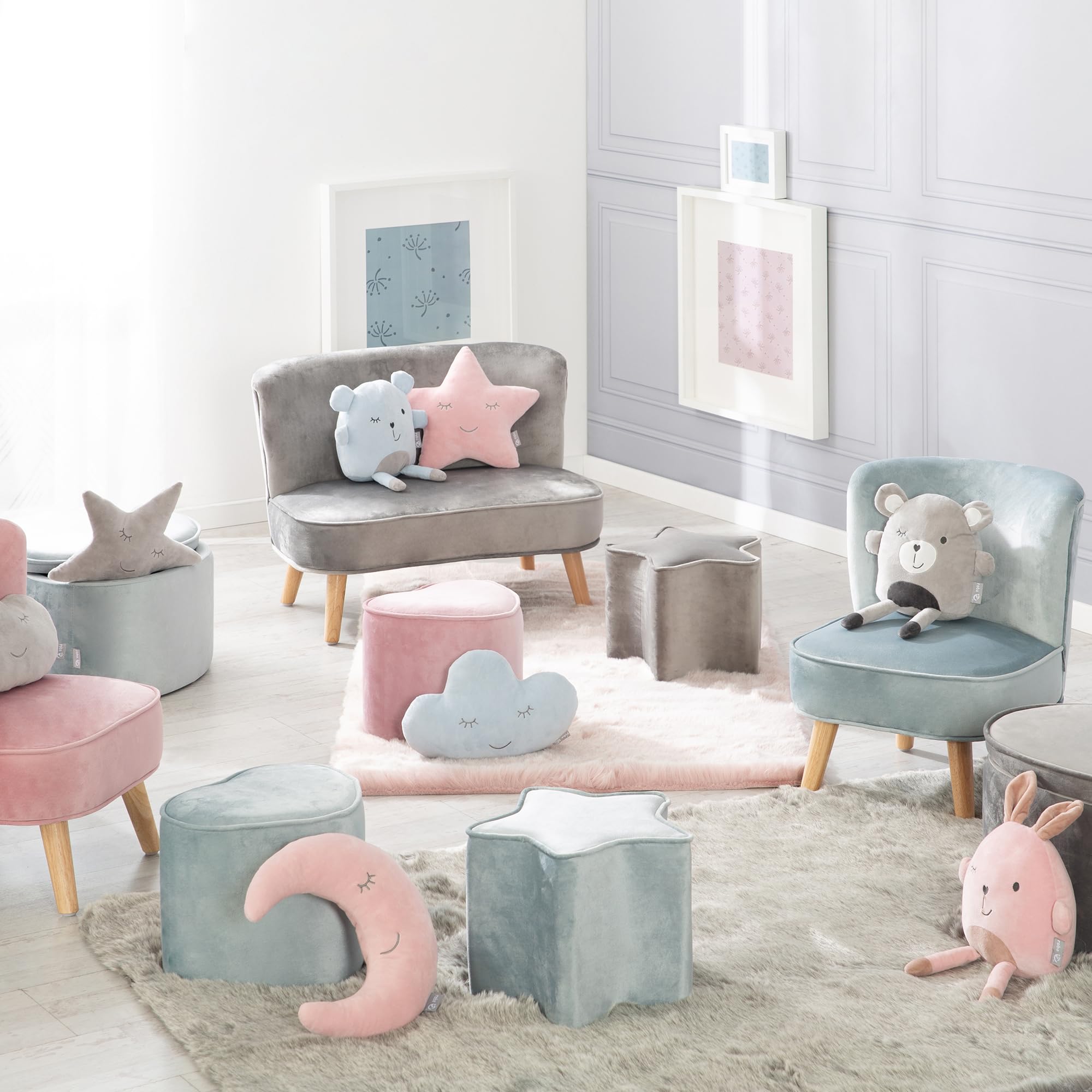 roba Pouf per Bambini a forma di Cuore Lil Sofa - Rivestito in Velluto - con Contenitore - Multifunzione -Arredamento per Bambini - per la Cameretta - dai 18 Mesi - Azzurro
