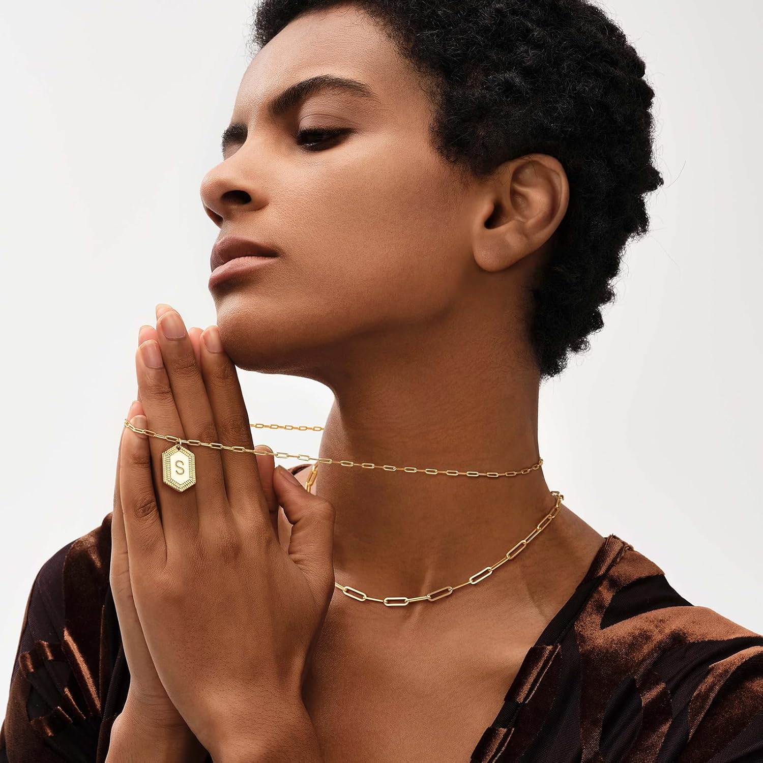 MEVECCO Dainty Gold Initial Necklace for Women 18K Gold Plated Layered Paperclip Link Chain Necklace Personalized Cute Hexagon Letters for Women Everyday Wear Jewelry - Image 2