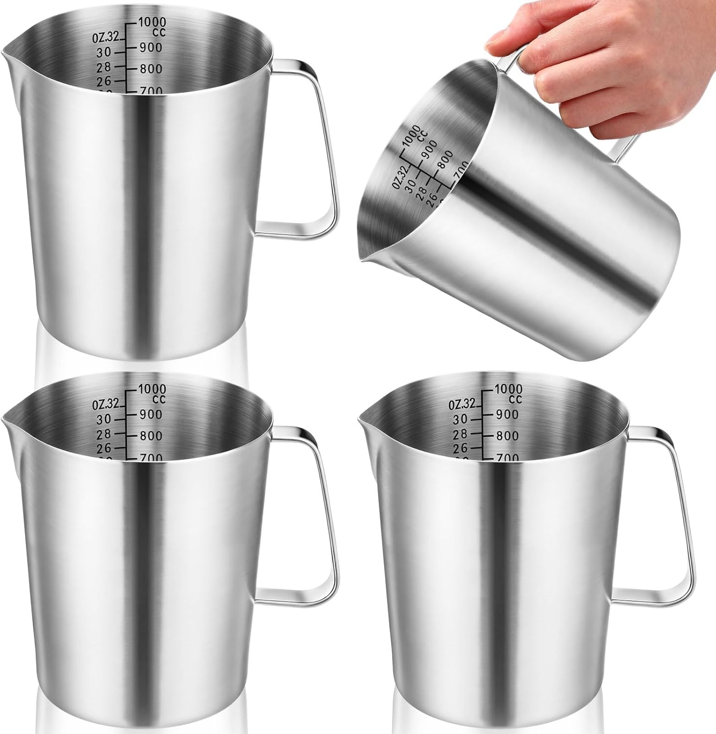 4 Pcs Stainless Steel Pitcher with Handle and Pour Lip 33.8 Oz, 1000 Ml, 4 Cup Metal Liquid Measuring Cup Measuring Jug Milk Frothing Pitcher for Milk Latte Art Water Pouring