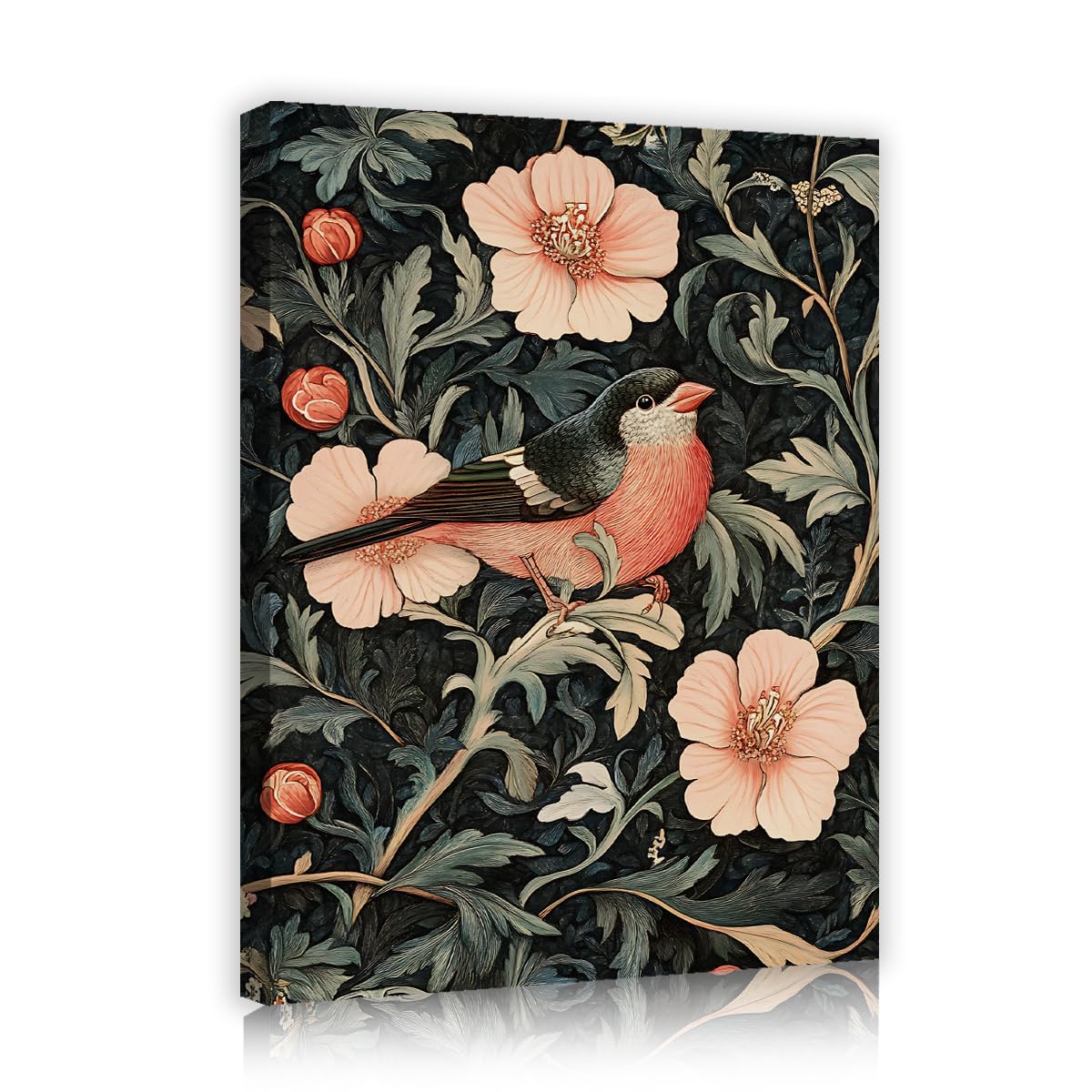 TOANGWALL Pink Finch Canvas Wall Art Vintage Songbird Print Pastel Rose Floral Blossom Retro Botanical Illustration Framed Mural Pictures for Living Room Office Dining Decor 85x100cm