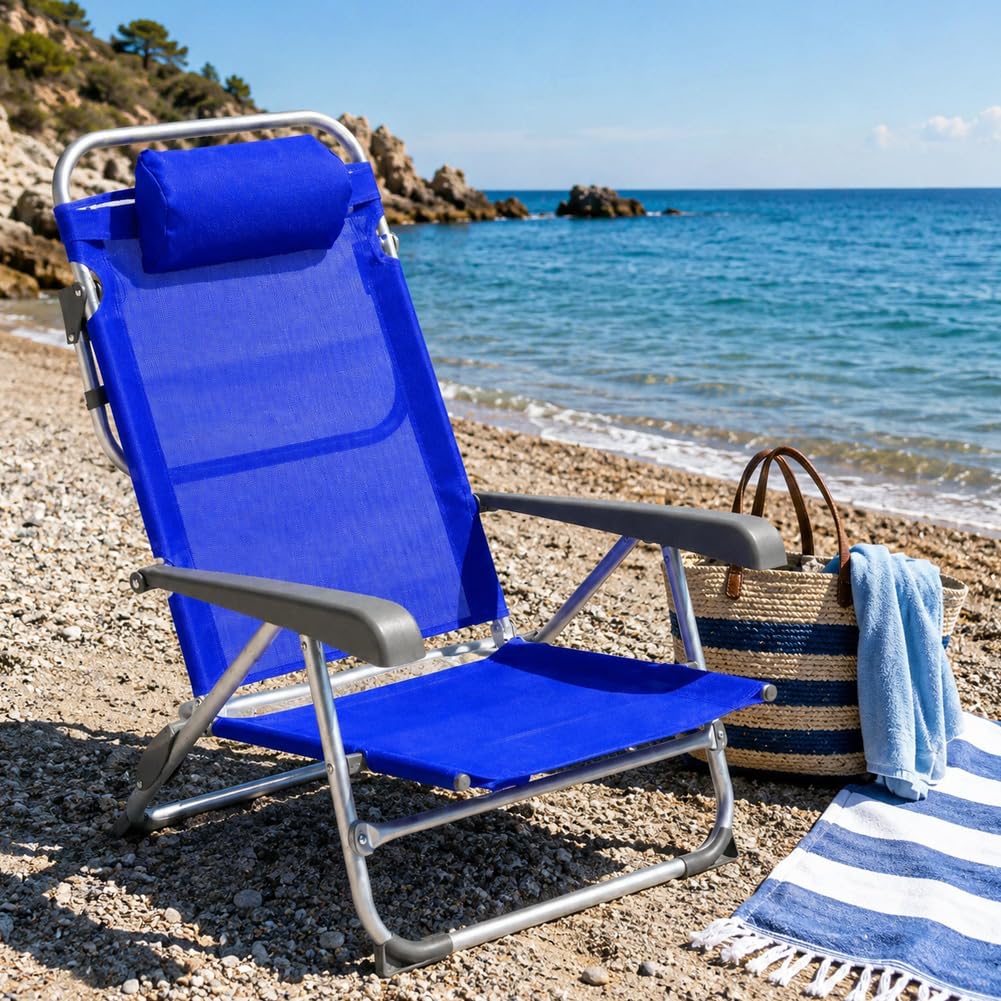 BAKAJI Spiaggina Pieghevole Portatile Schienale Reclinabile Sdraio con Struttura Tubolare in Alluminio Rivestimento Tessuto Textilene Poggiatesta Imbottito per Spiaggia Mare Campeggio (Blue)