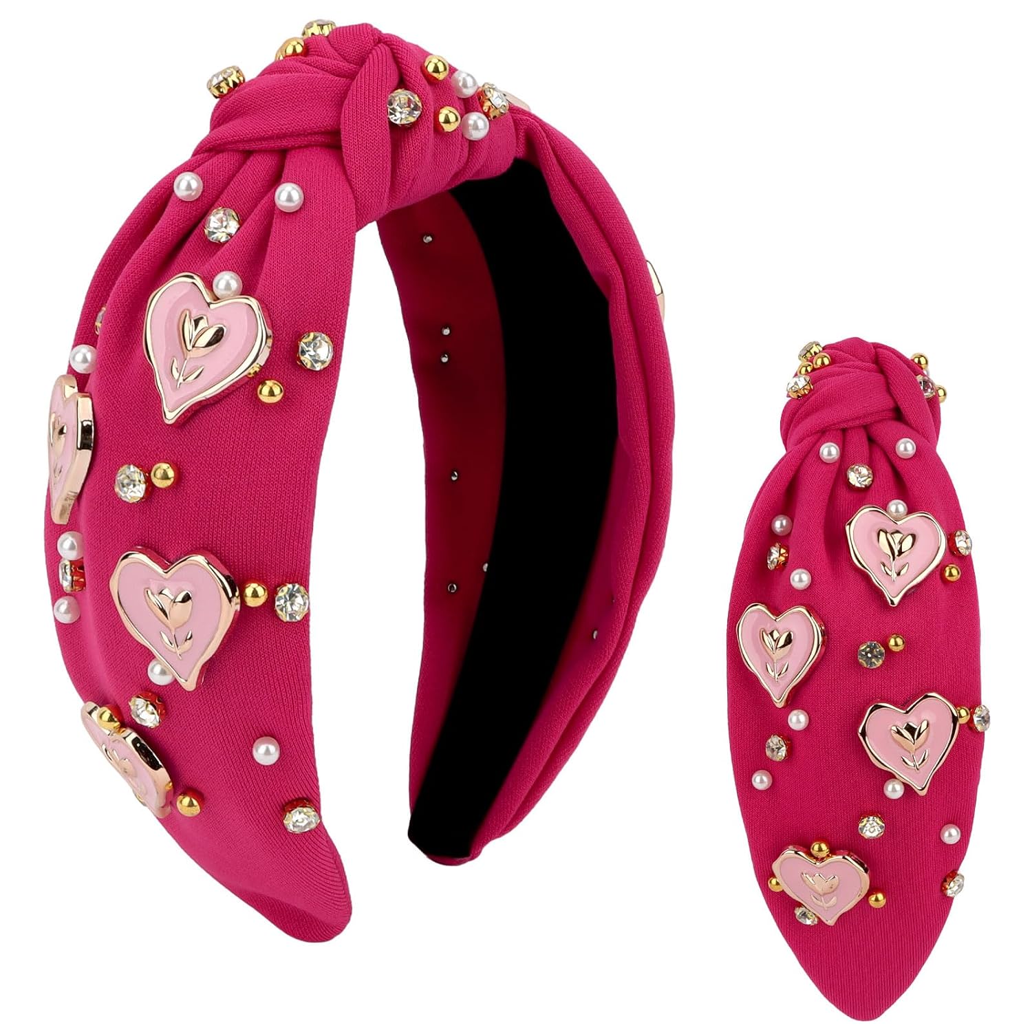 WHAVEL Valentines Headband Hot Pink Knotted Headbands for Women Rhinestone Crystal Heart Headband Valentine's Day Decorations