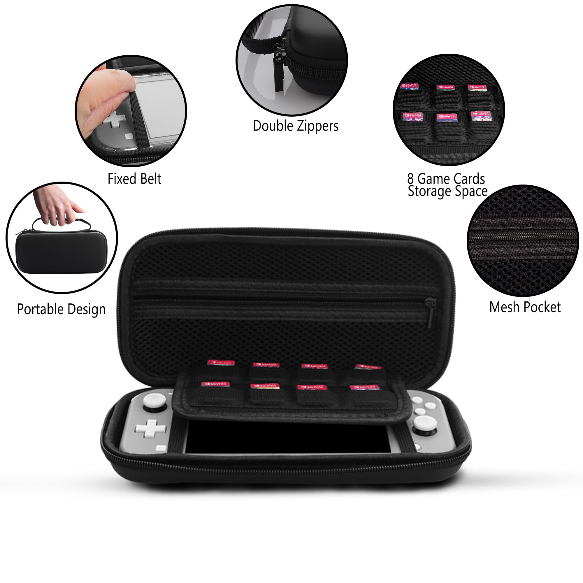 GLDRAM Étui de transport noir pour Nintendo Switch Lite, étui de voyage portable avec 8 emplacements pour cartes de jeu, kit d'accessoires 4 en 1 avec coque de protection transparente en TPU pailleté