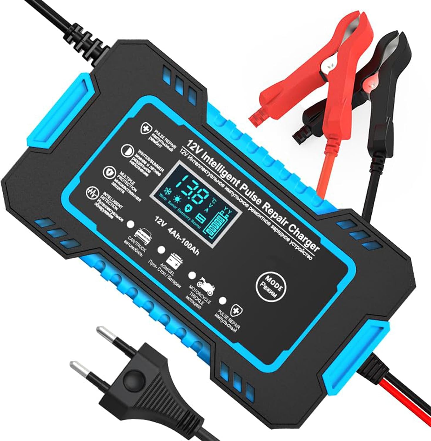 Carregador de Bateria 12V 6A Inteligente com Carga Lenta, Desulfatador e Compensação de Temperatura para Carro, Moto, Caminhão, Barco e Baterias de Chumbo-Ácido (Azul)
