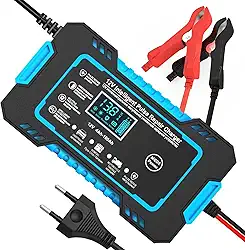 Carregador de Bateria Inteligente 12V Bivolt com Display Digital – Para Carro, Moto e Caminhão | Linha Premium com Proteção contra Superaquecimento, Sobrecarga e Curto-Circuito (Azul)