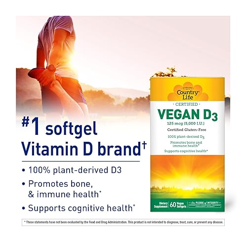 Miniatura 5 de Country Life Vegan D3 5000 UI – Vitamina D3 derivada de plantas de liquen – Soporte inmunológico y óseo de alta potencia – Certificado vegano, sin