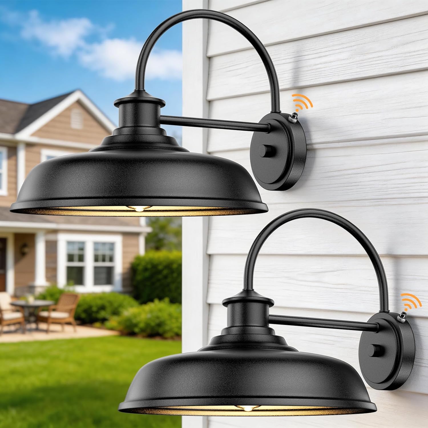 14'' Dusk to Dawn Outdoor Barn Light 2 Pack, Classic Farmhouse Gooseneck Outdoor Light Fixture Matte Black Wall Mount, Anti-Rust Waterproof Exterior Lighting Fixtures for Porch Hallway Patio Entryway