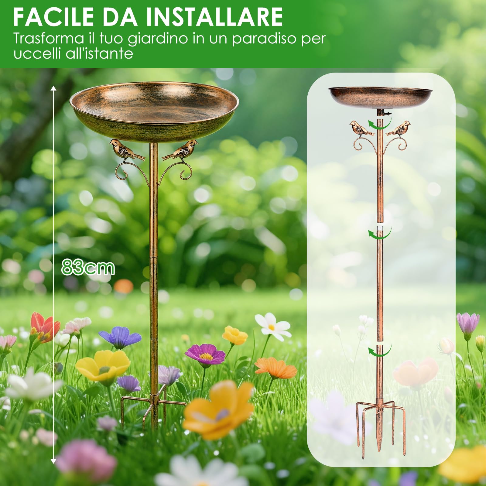 Vasca per Uccelli per Giardino, Mangiatoia per Uccellini da Esterno, Asca per Uccelli e Supporti, In Metallo, per Esterni, Patio, Prato, Cortile, Giardino