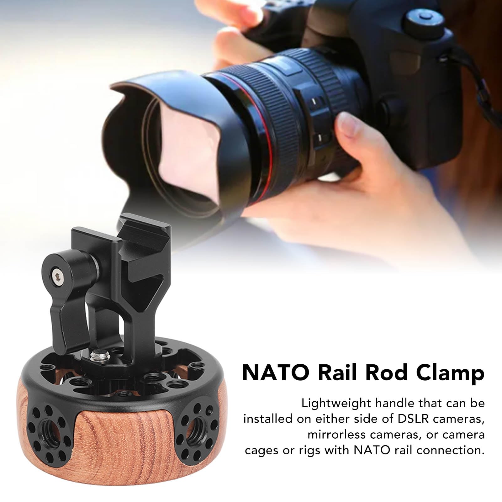 Empuñadura Lateral Redonda de Madera para cámara, Abrazadera de liberación rápida con Rail NATO para Jaula de cámara DSLR sin Espejo, empuñadura ergonómica de aleación de Aluminio
