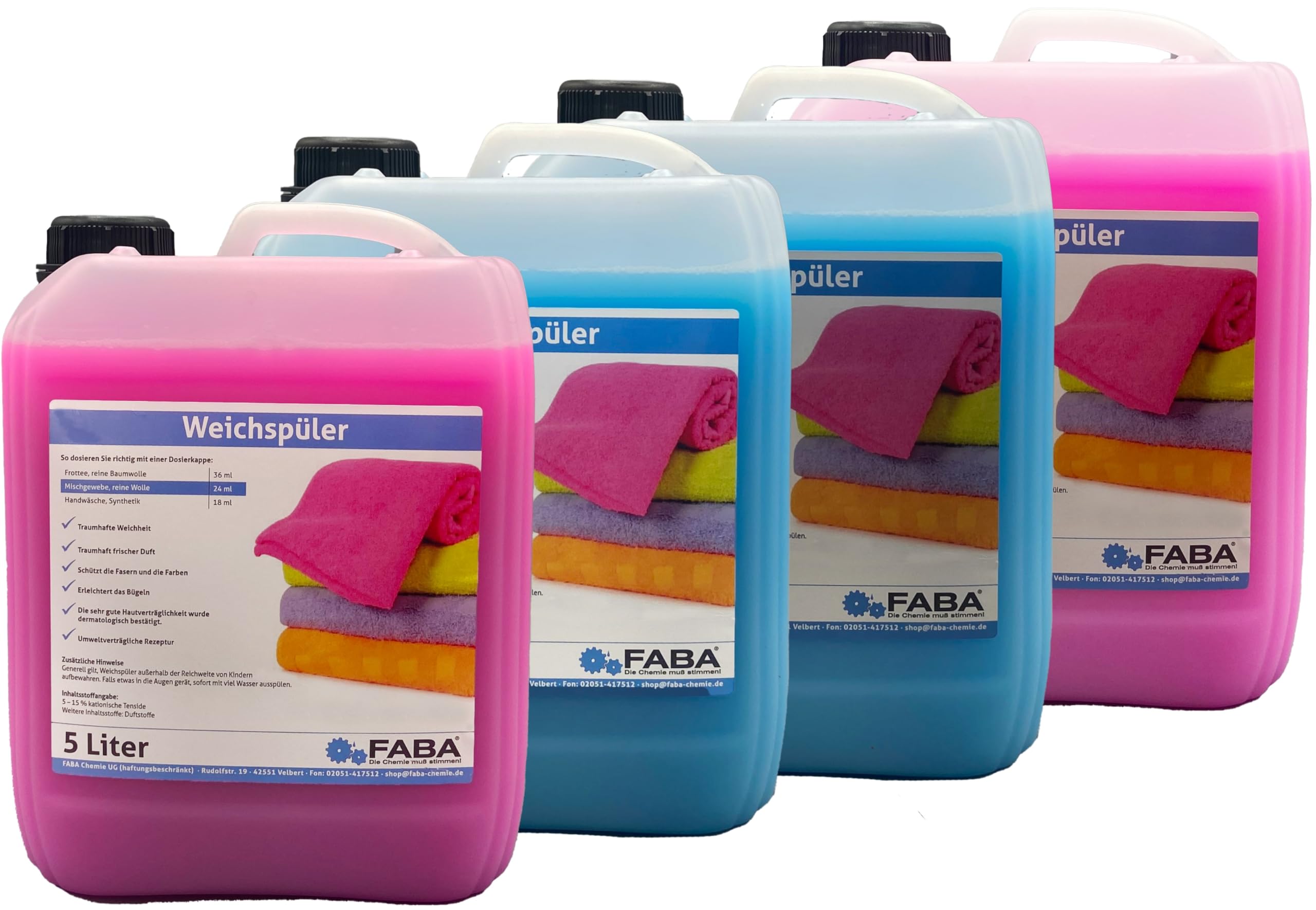 FABA Weichspüler blau/rosa 4 x 5 L für weiche Wäsche mit angenehm frischem Duft.