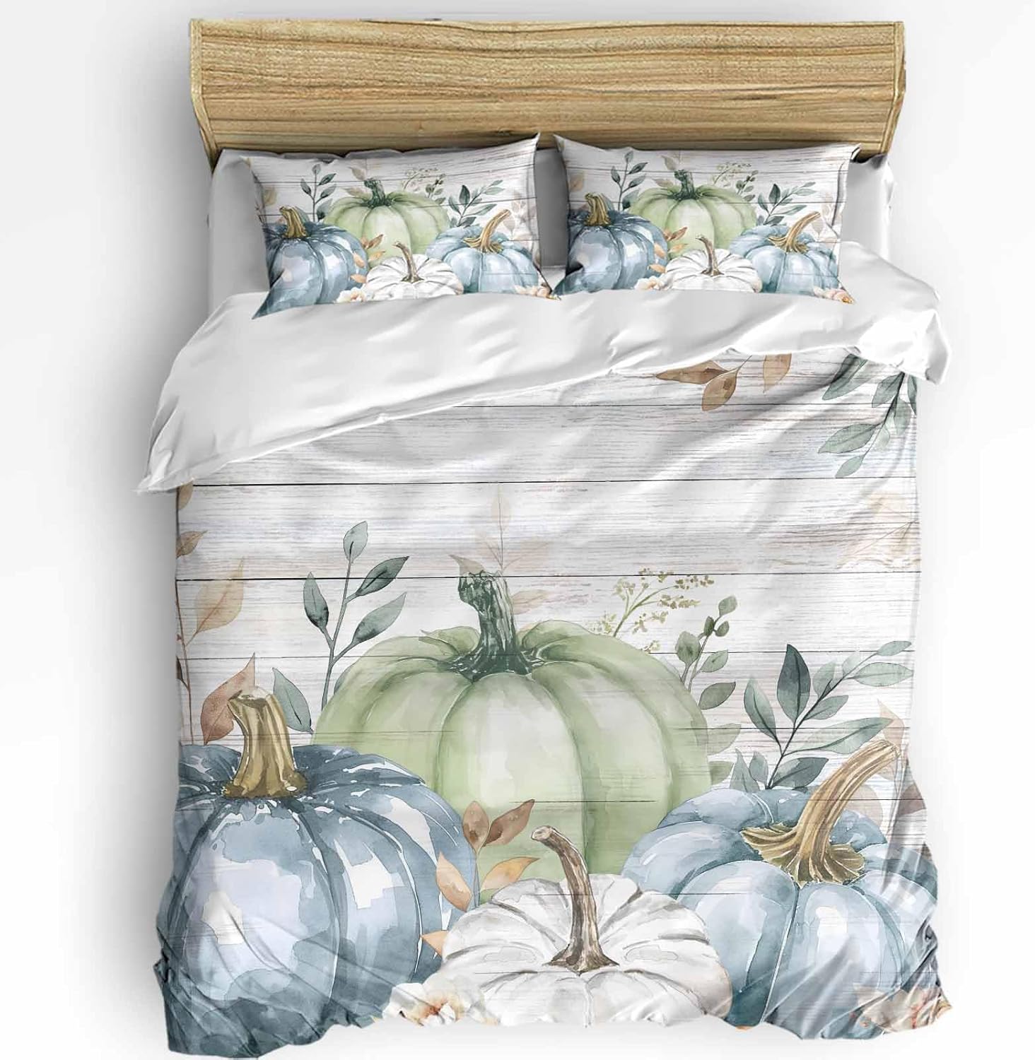 Blue Green White Pumpkin Duvet Cover Queen Size Bedding Set