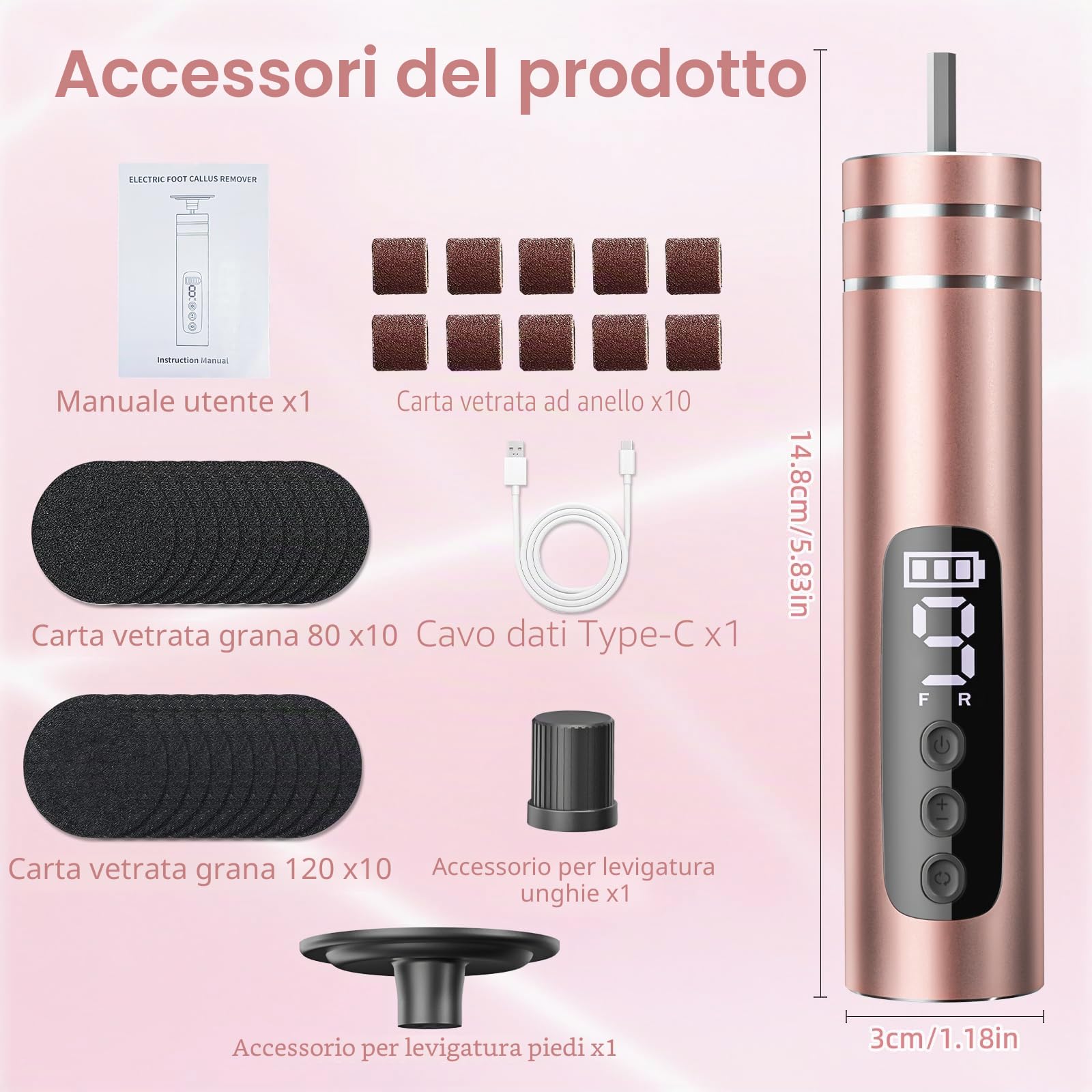 2 in 1 Pedicure Elettrico Professionale Piedi, Rimozione Calli Piedi Elettrico Ricaricabile con Display LCD, 30 Lime Intercambiabili, 9 Velocità di Rimozione dei Calli per Pelle Dura Morta (Oro Rosa)