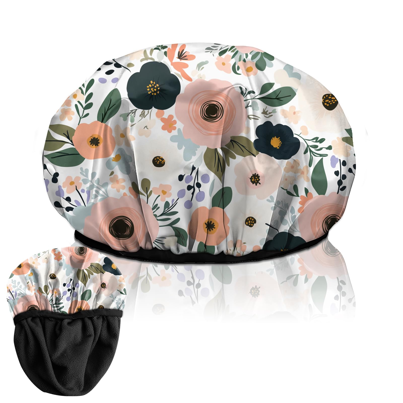 Deokke Duschhaube, wiederverwendbar, dreilagig, elastisch, wasserdicht-Luxus Duschhaube mit Terrystoff-Futter zum Haar trocknen, niedlich für Frauen und Mädchen (F1-Blümchen)