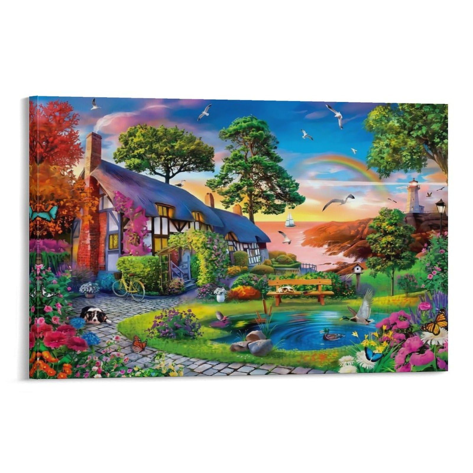 CPLVKWRQJ Cozy Cottage Garden Individual Fairy Cottage Garden Pond Rainbow Canvas Wall Decor - Nursery Wall Hanging Space Saving Removable Ready to Hang 16x24inch(40x60cm)