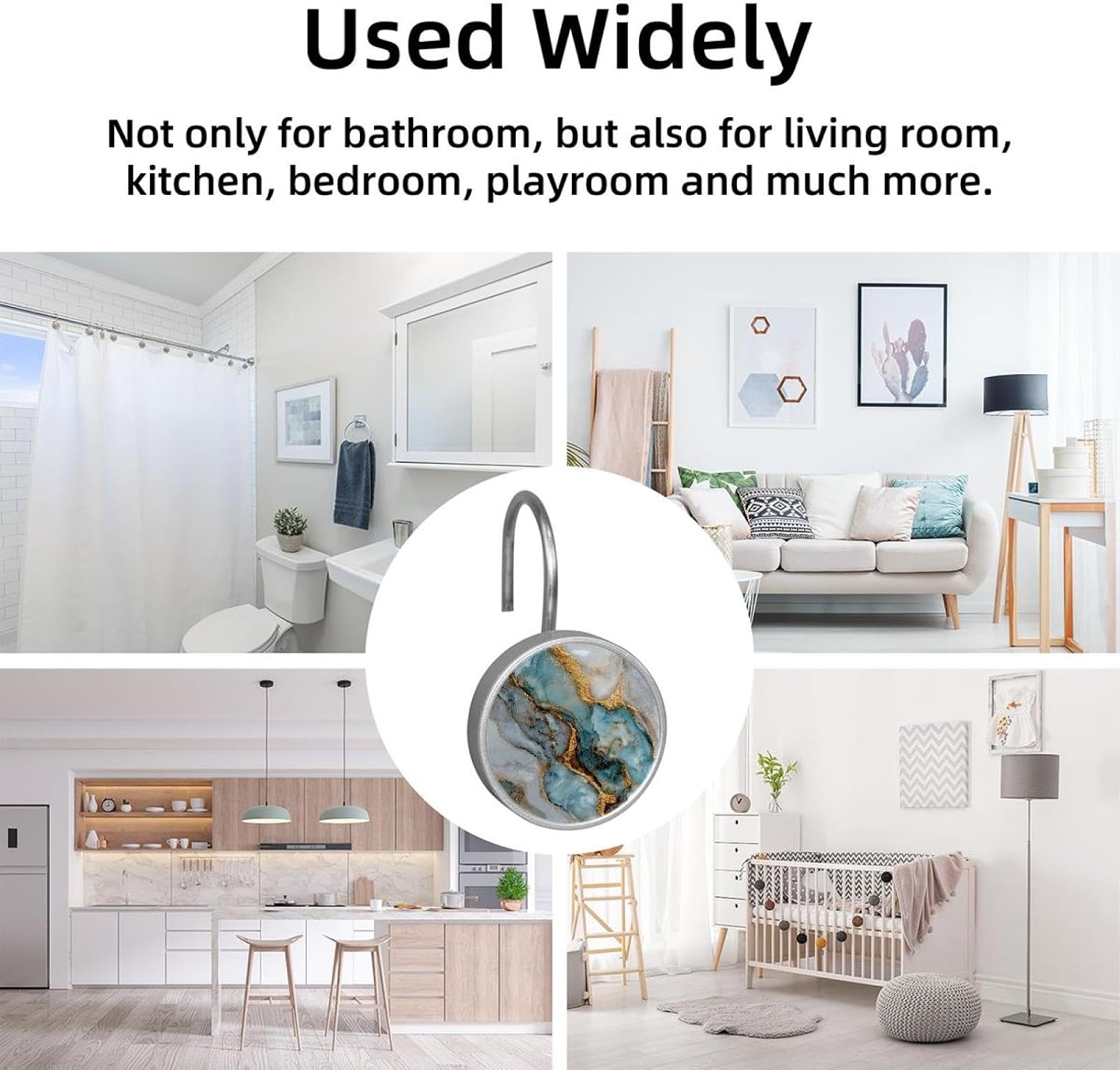 12PCS Cyan Gold Marble White (3) Shower Curtain Hooks Rings for Bathroom, Decorative Shower Curtain Hooks Rods Curtains and Liner