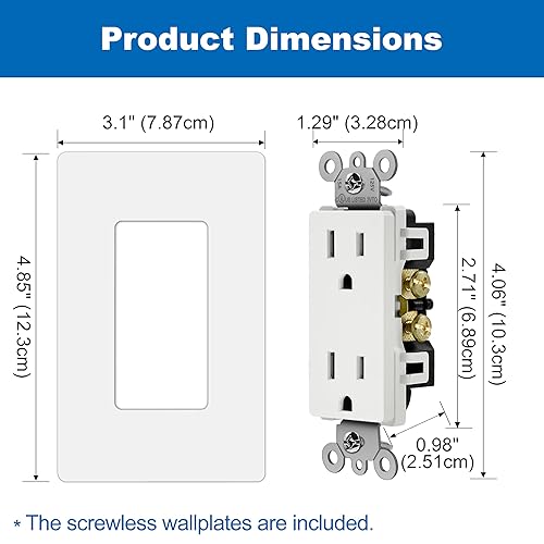Miniatura 7 de BESTTEN - Enchufe decorativo de pared de 15 amperios, placas de pared sin tornillos incluidas, no resistentes a manipulaciones, 15A125V1875W, para