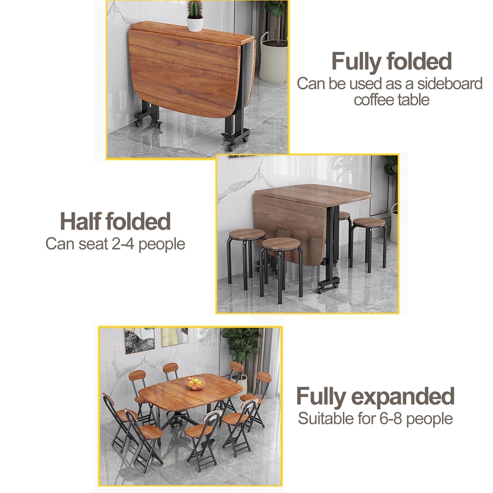 Petite table de salle à manger extensible pliable en bois massif avec support en acier au carbone, 6 roues, supporte 400 kg, gain de place et design polyvalent