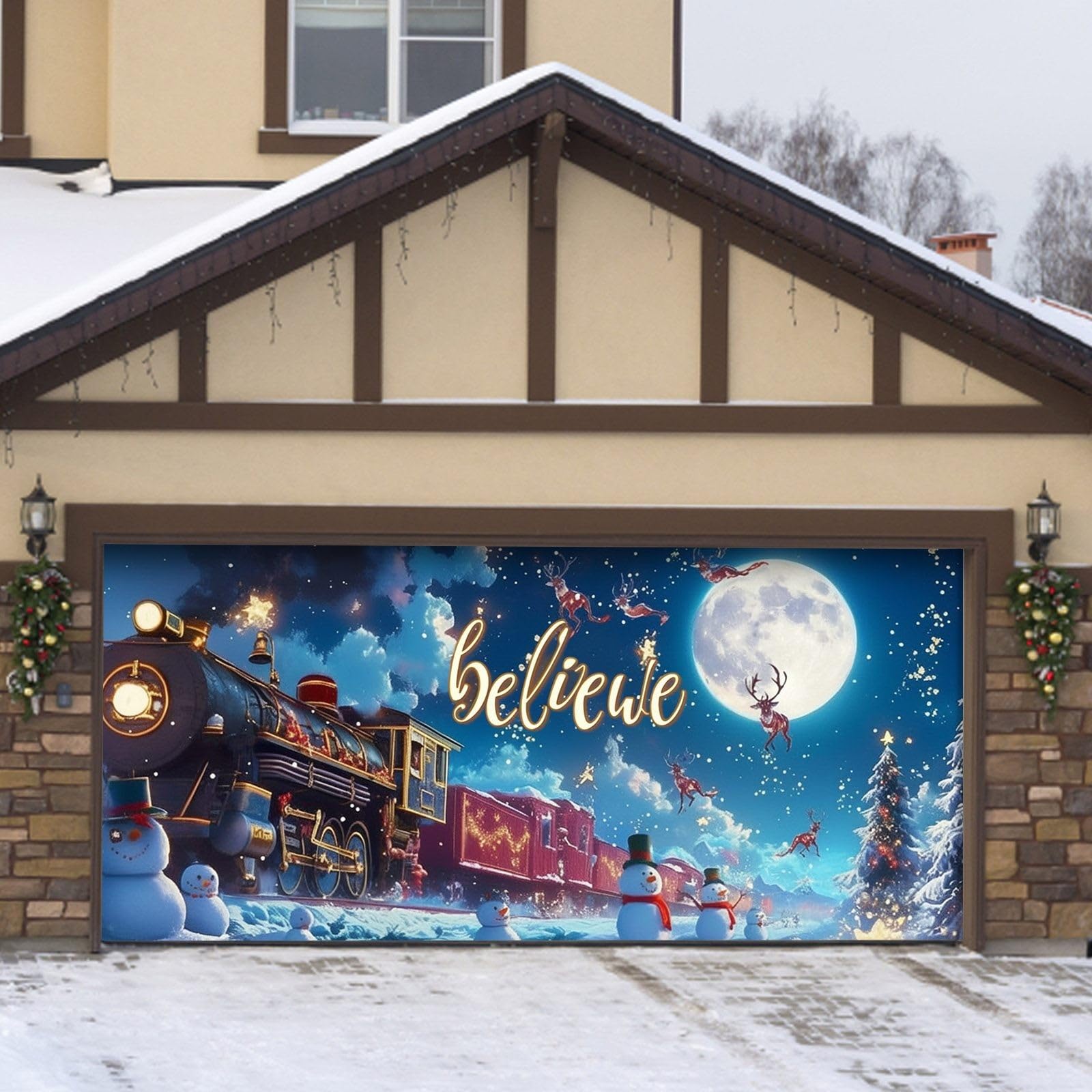 Cartel de graduación grande para puerta de cochera al aire libre para temporada de vacaciones, doble letrero de bienvenida con diseño de trineo de Papá Noel, reno, fiesta festiva