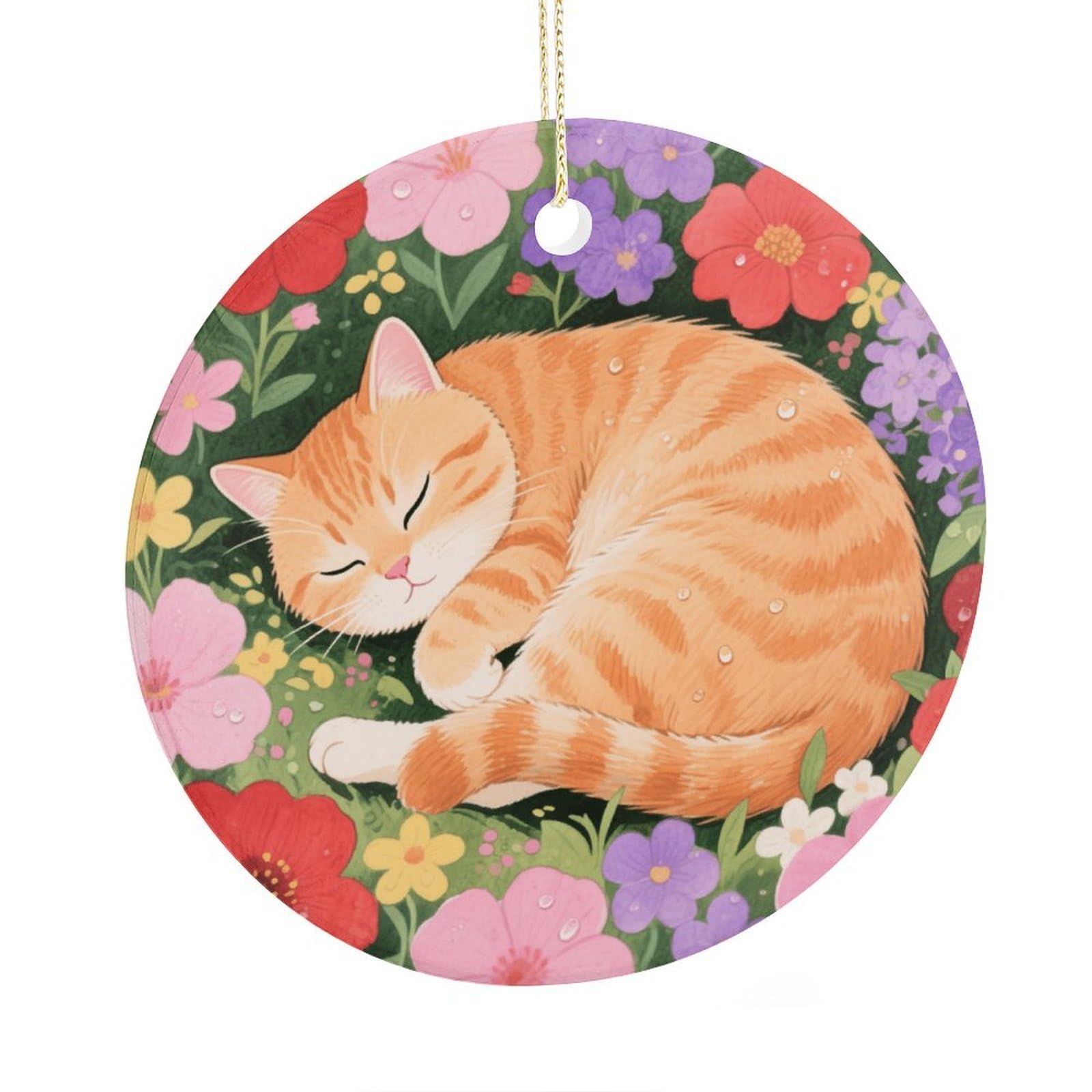 Fekiloot Style Napping Cat Christmas Ornaments 2.9 Inch Round Ceramic Ornament Keepsake Thank You Gifts For Office, Room, Home - Holiday Present Ideas