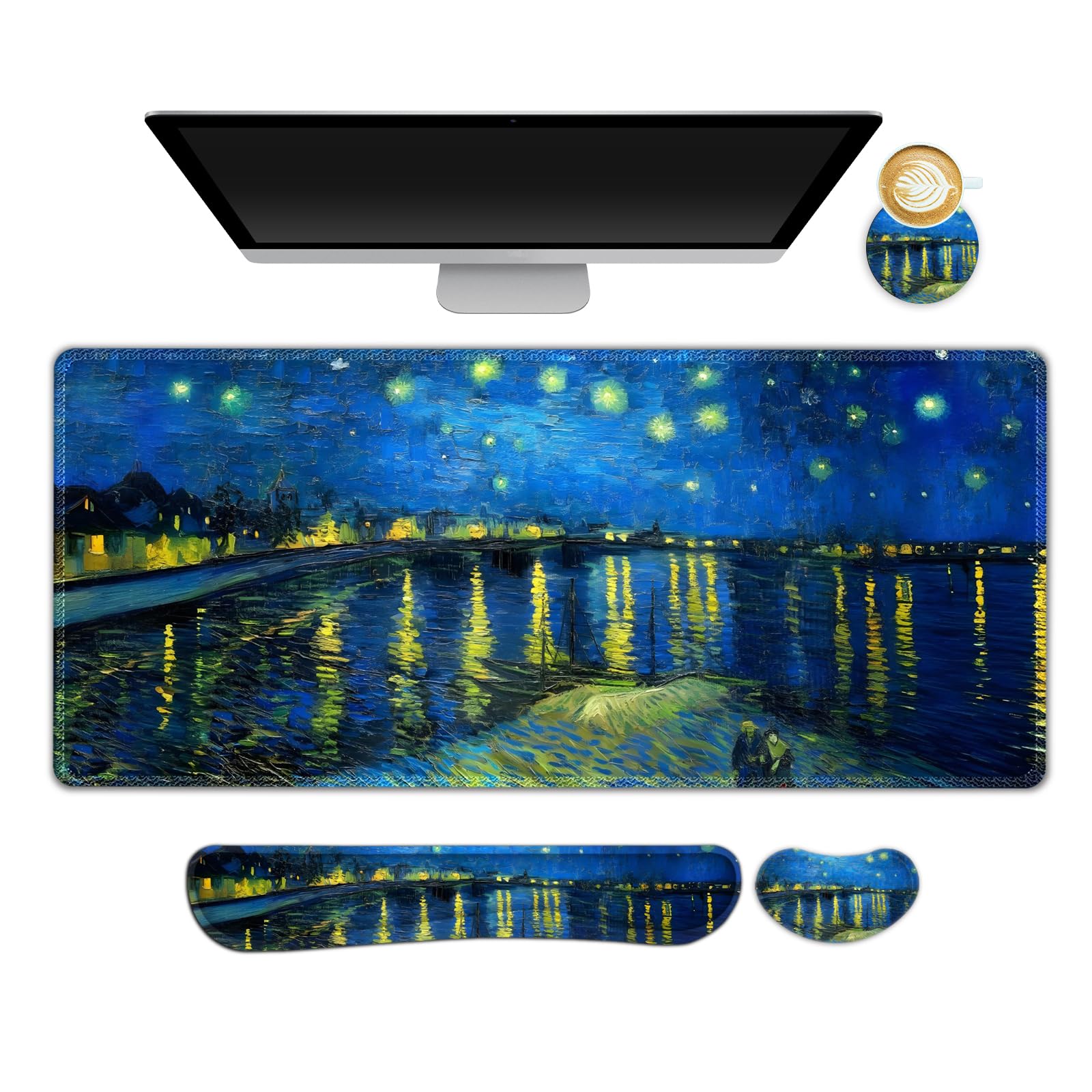 NXZGO Large Gaming Mouse Pad Set, 4 in 1 Ergonomics Keyboard Desk Mat Memory Foam Wrist Rest, Computer Extended Game Mousepad, Non-Slip Desk Matt Easy Typing Pain Relief I Starry Night Over The Rhone