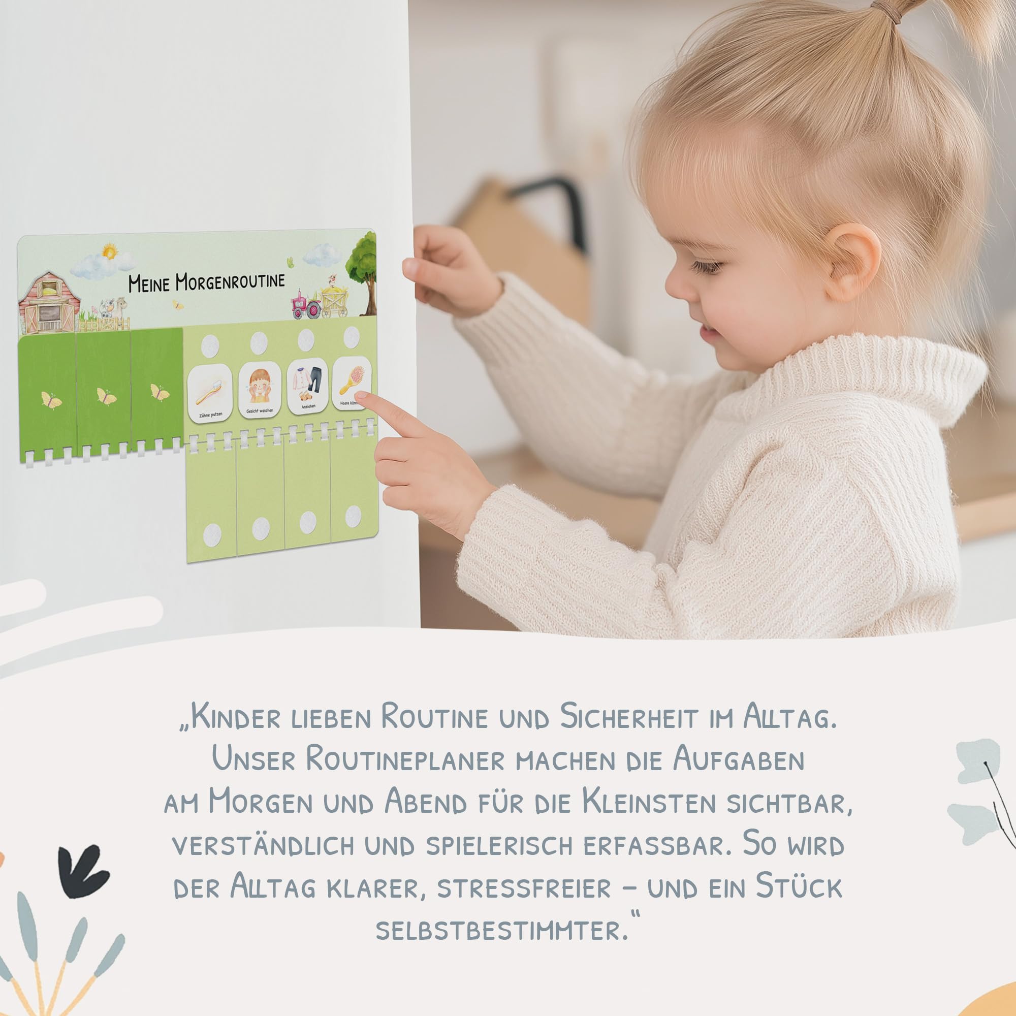 Routine Planer Kinder für Morgenroutine und Abendroutine - Routineplaner, Tagesplan Kinder mit Klett-Punkten und 105 Symbolkärtchen, Montessori Planer, Routinehilfe zum Umklappen (Bauernhof)
