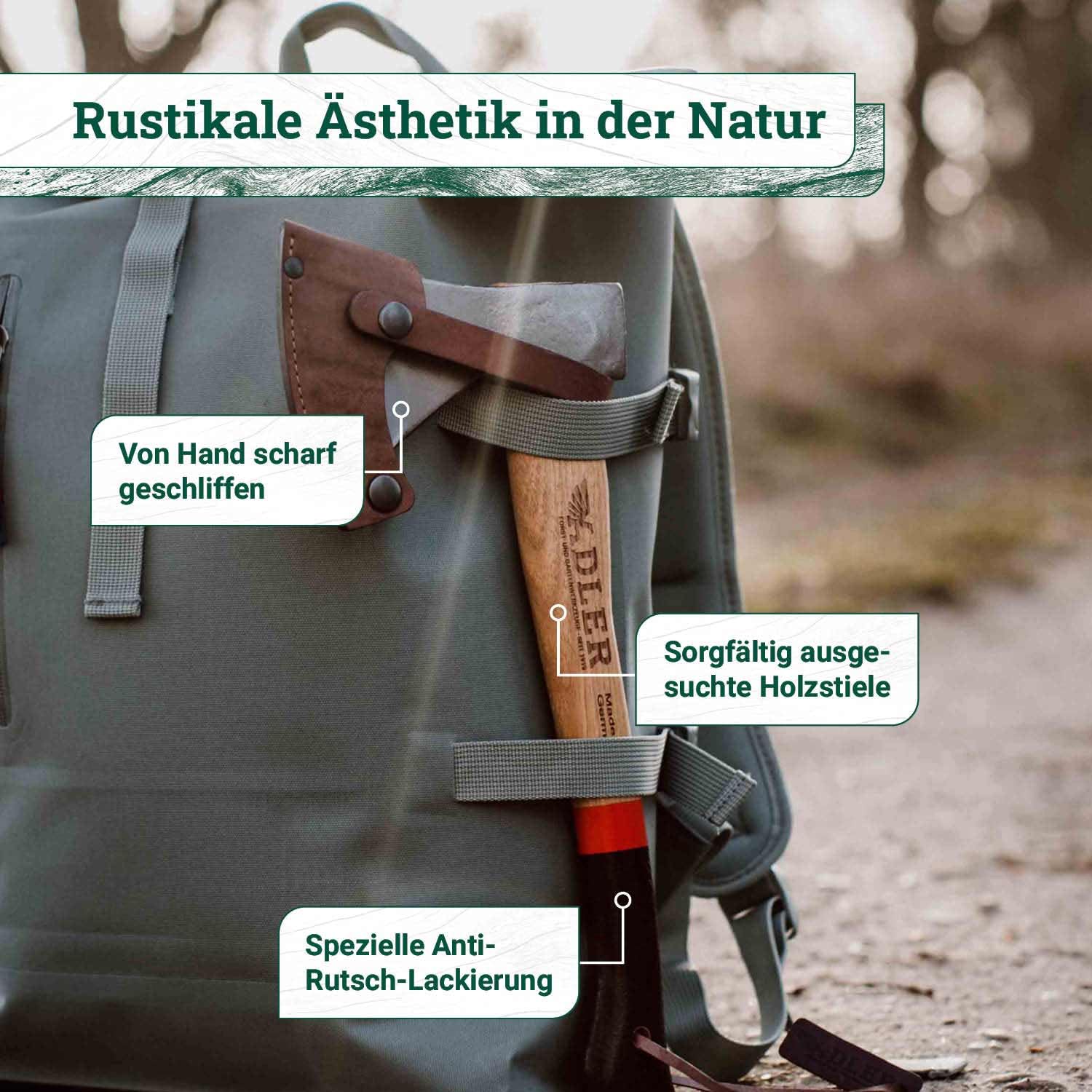 ADLER Beil 600 g, Holzaxt mit 36cm langem ergonomischem Hickory-Stiel, Rutschfester Griff, C60 Stahl Carbon Klinge inklusive Lederschutz/Camping/Forst Garten & Wald/rot, schwarz (Rot/Schwarz) | Geschmiedeter Kopf mit doppelter Sicherheitsverkeilung und Le